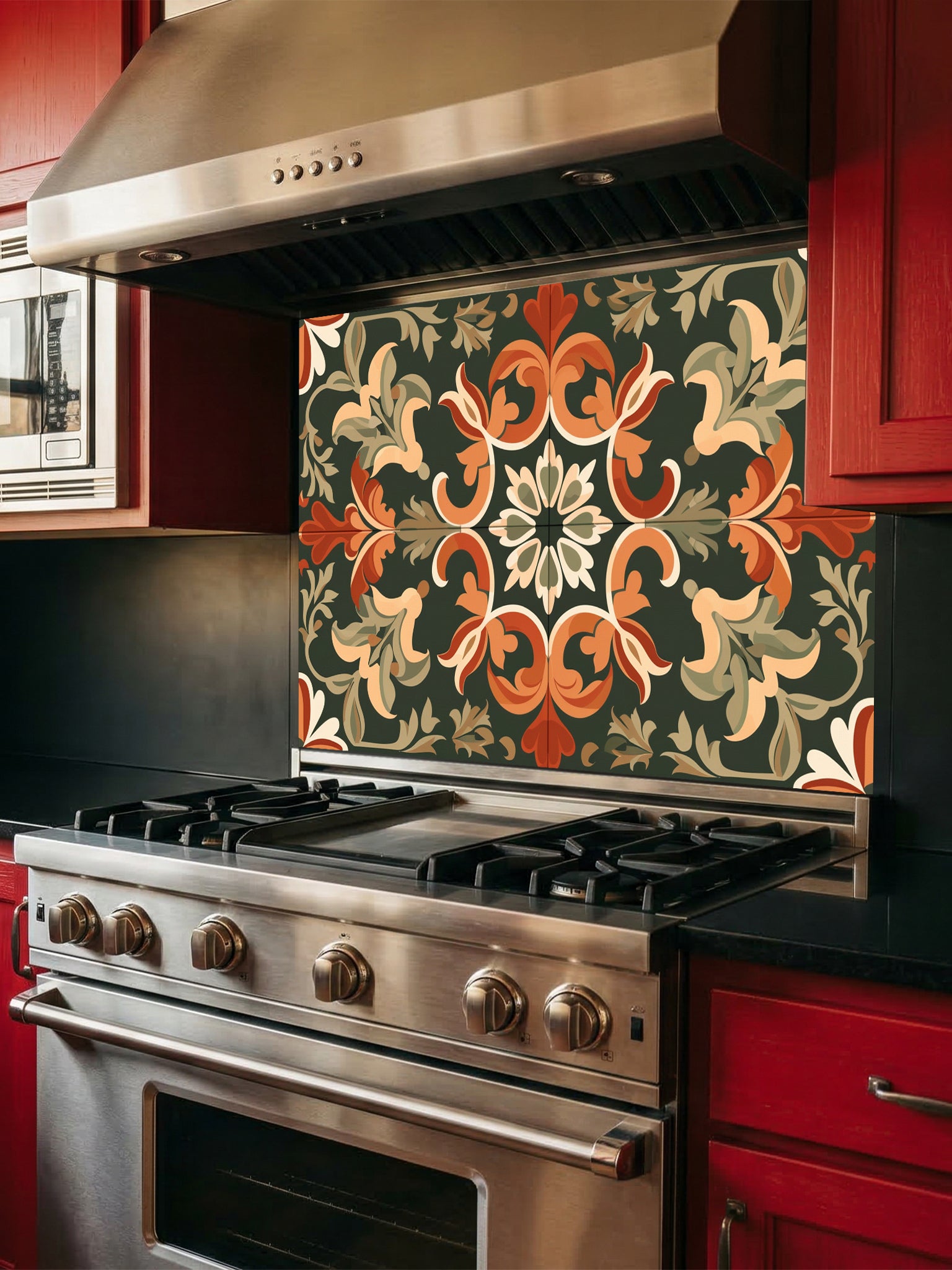 Vintage style Moroccan tile pattern featuring terracotta orange and cream botanical scrollwork on a deep forest green background, UV printed on a smooth tempered glass kitchen backsplash.
