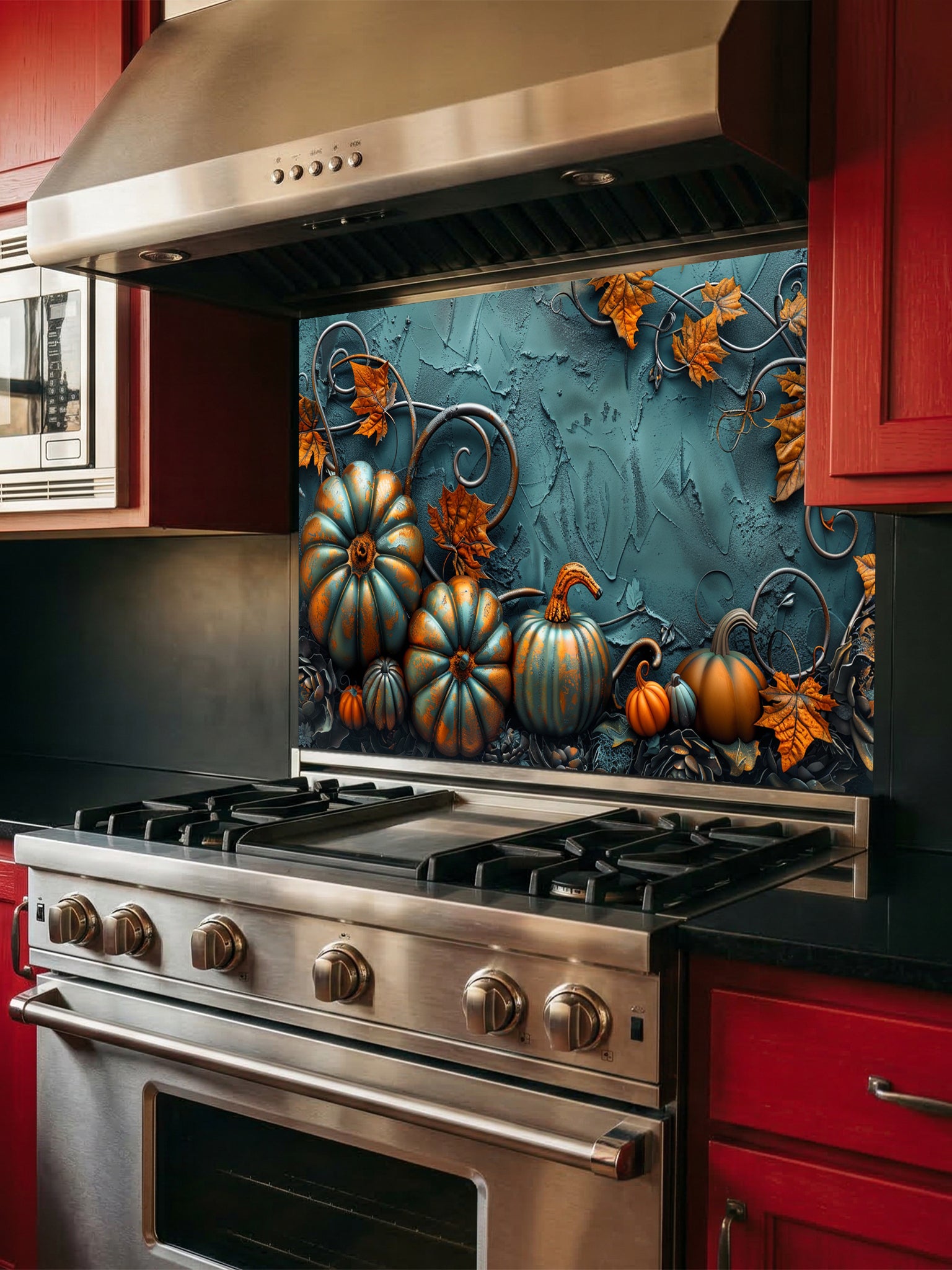 Tempered glass kitchen backsplash featuring a highly realistic 3D illusion of embossed teal and orange pumpkins surrounded by whimsical copper vines and autumn leaves against a textured dark teal background, installed behind a modern black stove.