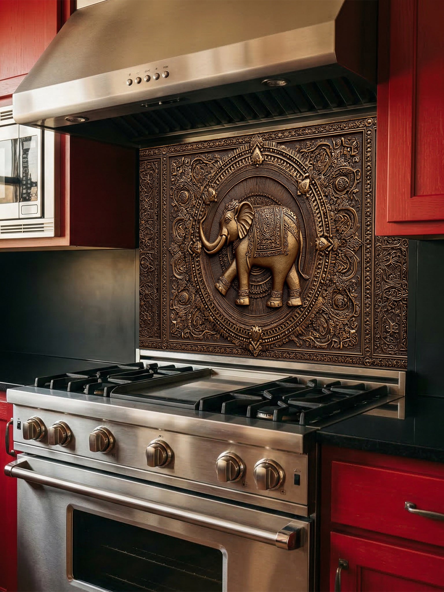 Faux 3D effect intricately carved bronze elephant and ornate mandala pattern, UV printed on a smooth tempered glass kitchen backsplash, installed behind a modern stove.
