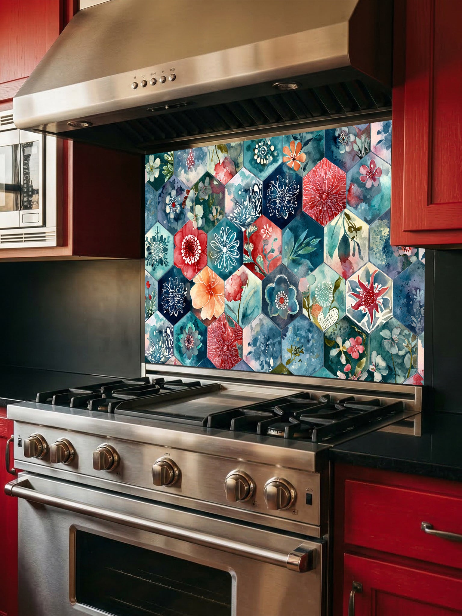 Tempered glass kitchen backsplash featuring a highly realistic illusion of geometric hexagon tiles showcasing delicate, hand-painted style watercolor floral patterns in navy blue, teal, coral red, and peach, installed behind a modern black stove.