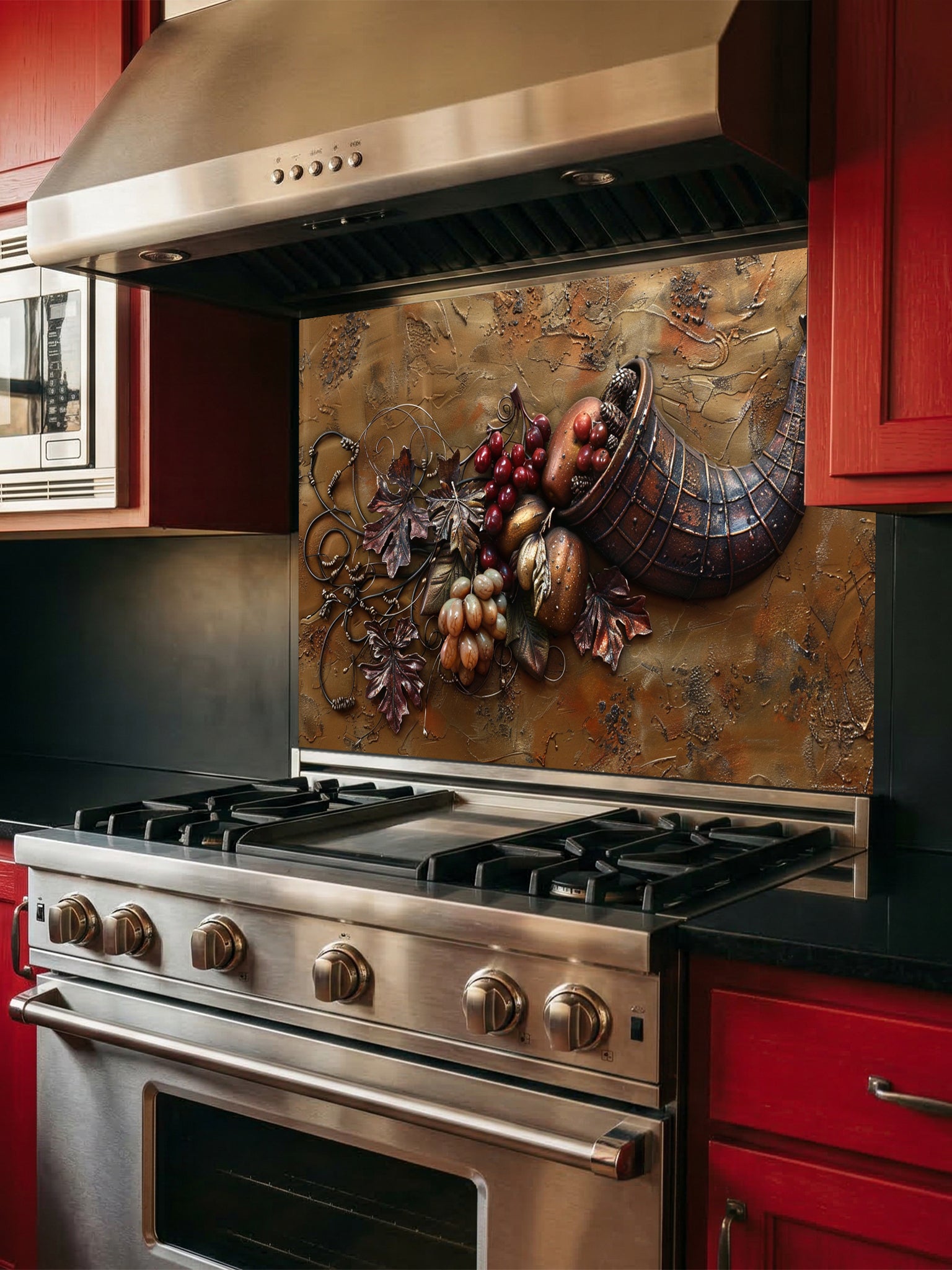 Faux 3D effect carved bronze cornucopia overflowing with grapes and autumn leaves on a textured metal background, UV printed on a smooth tempered glass kitchen backsplash.