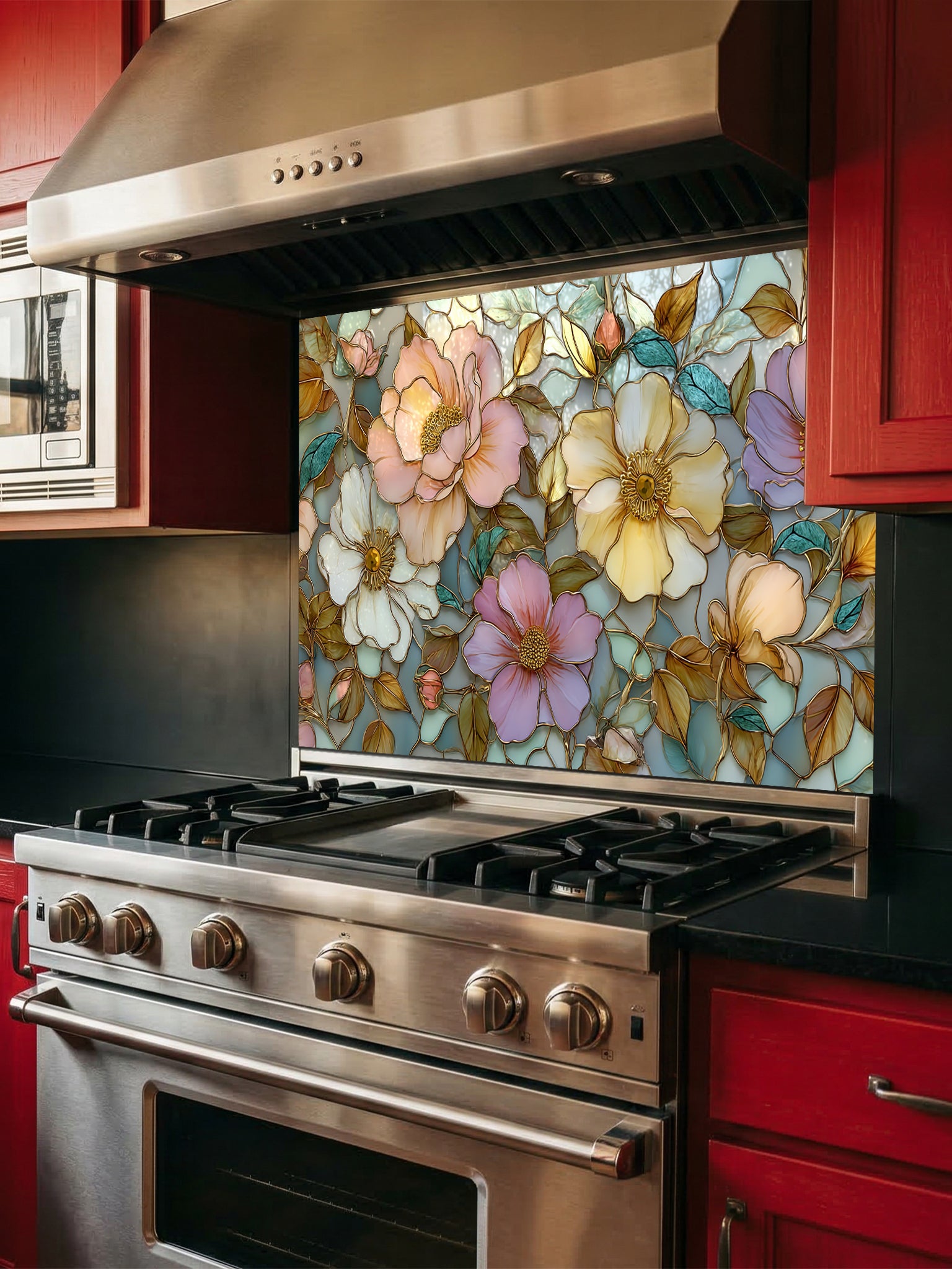 Stained glass style botanical pattern featuring large pastel pink, peach, and yellow peony flowers with gold outlines, UV printed on a smooth tempered glass kitchen backsplash.