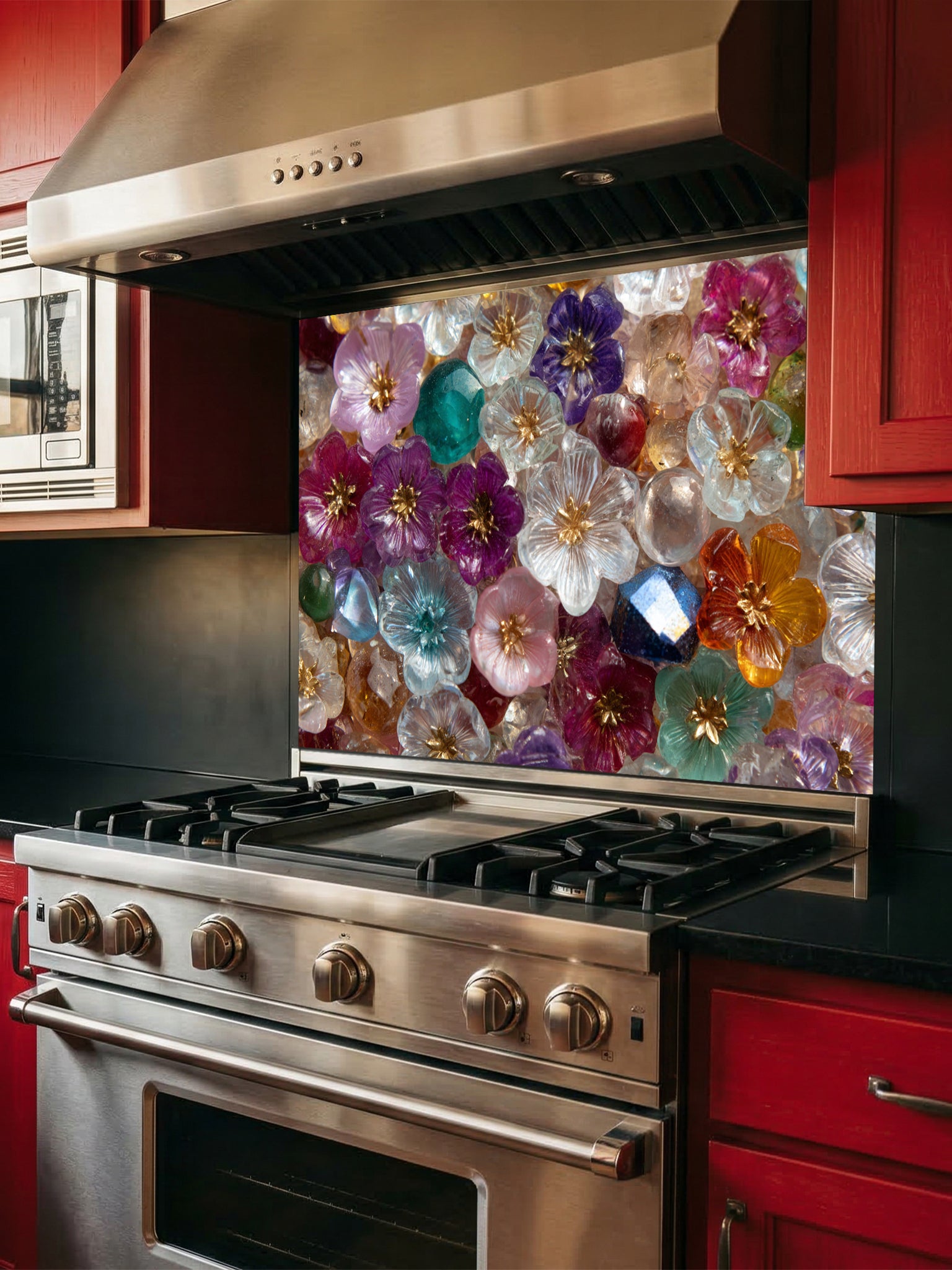 Tempered glass kitchen backsplash featuring a highly realistic 3D illusion of a dense, sparkling mosaic made of translucent glass flowers and crystal gems in vibrant jewel tones of purple, ruby, sapphire, emerald, and gold, installed behind a modern black stove.