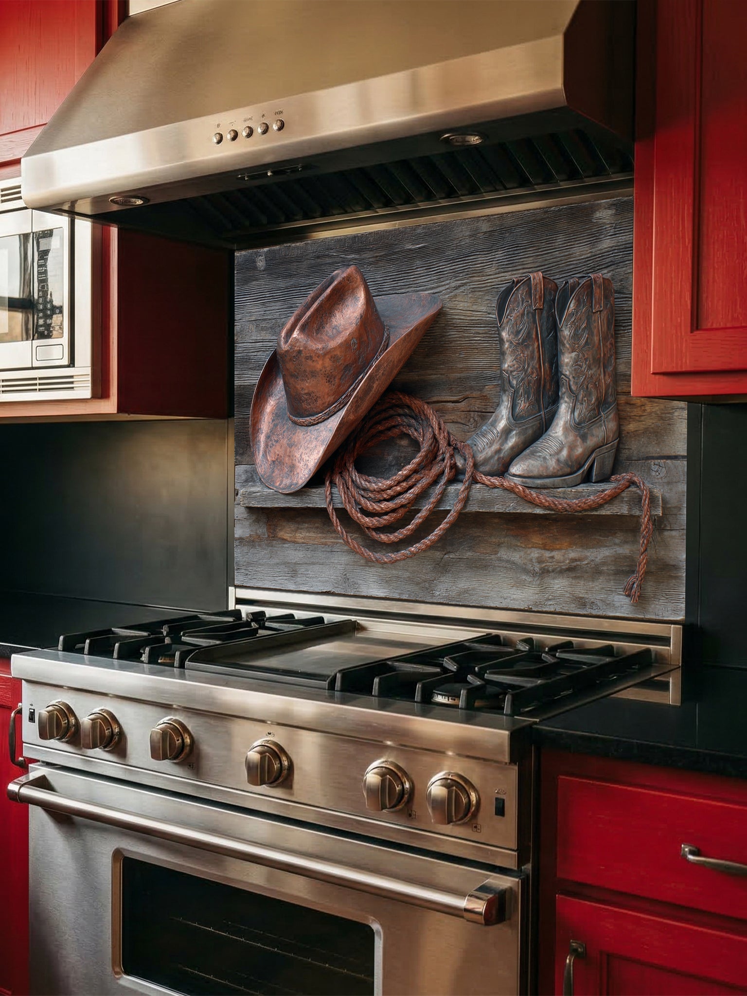 Tempered glass kitchen backsplash featuring a highly realistic 3D illusion of a rustic wooden shelf displaying a copper cowboy hat, worn leather boots, and a lasso rope against a weathered barn wood background, installed behind a modern black stove.