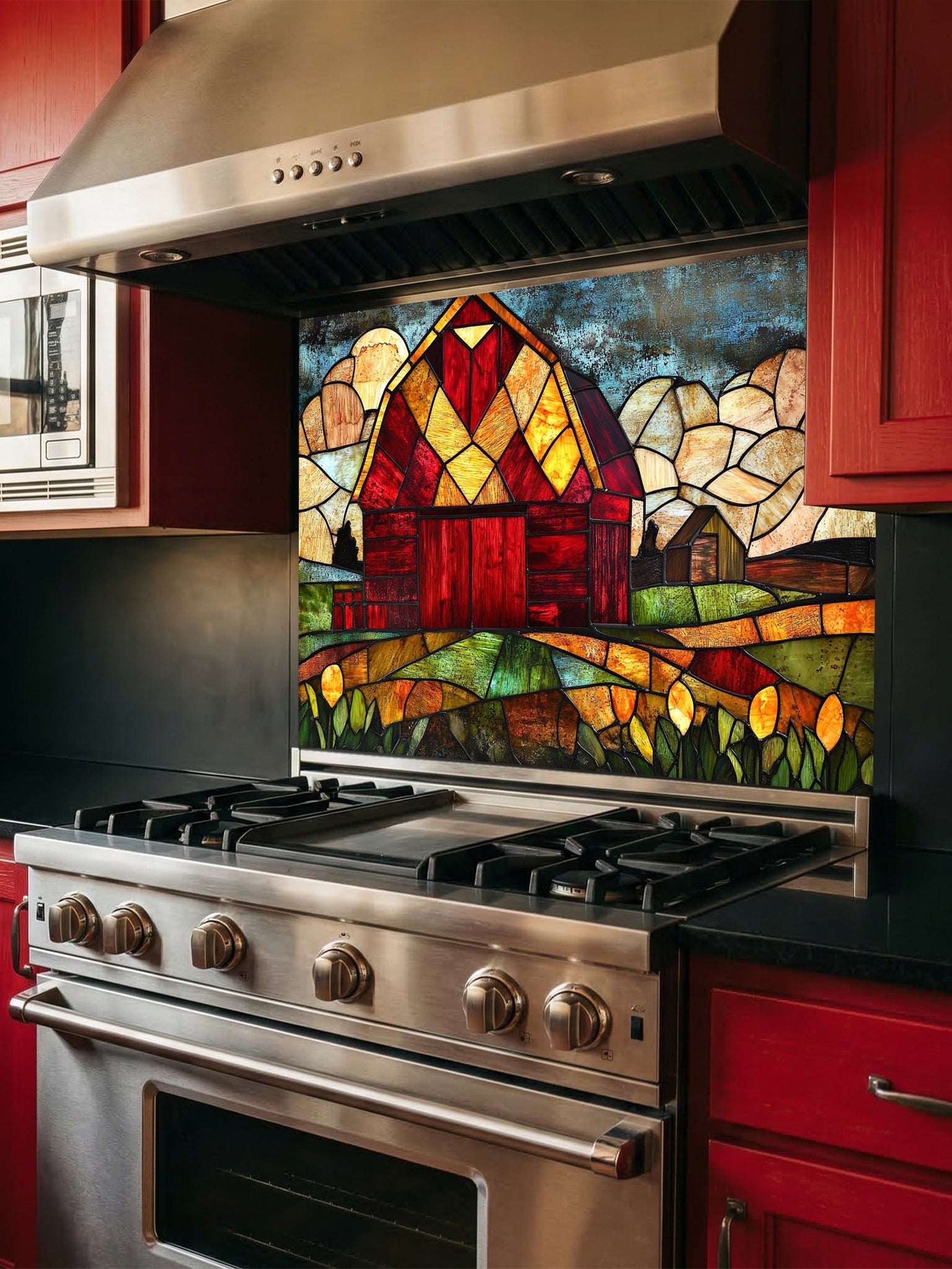 Tempered glass kitchen backsplash featuring a highly realistic 3D illusion of stained glass art showing a classic rustic red barn set in a vibrant farm landscape with golden fields under a cloudy blue sky, installed behind a modern black stove.