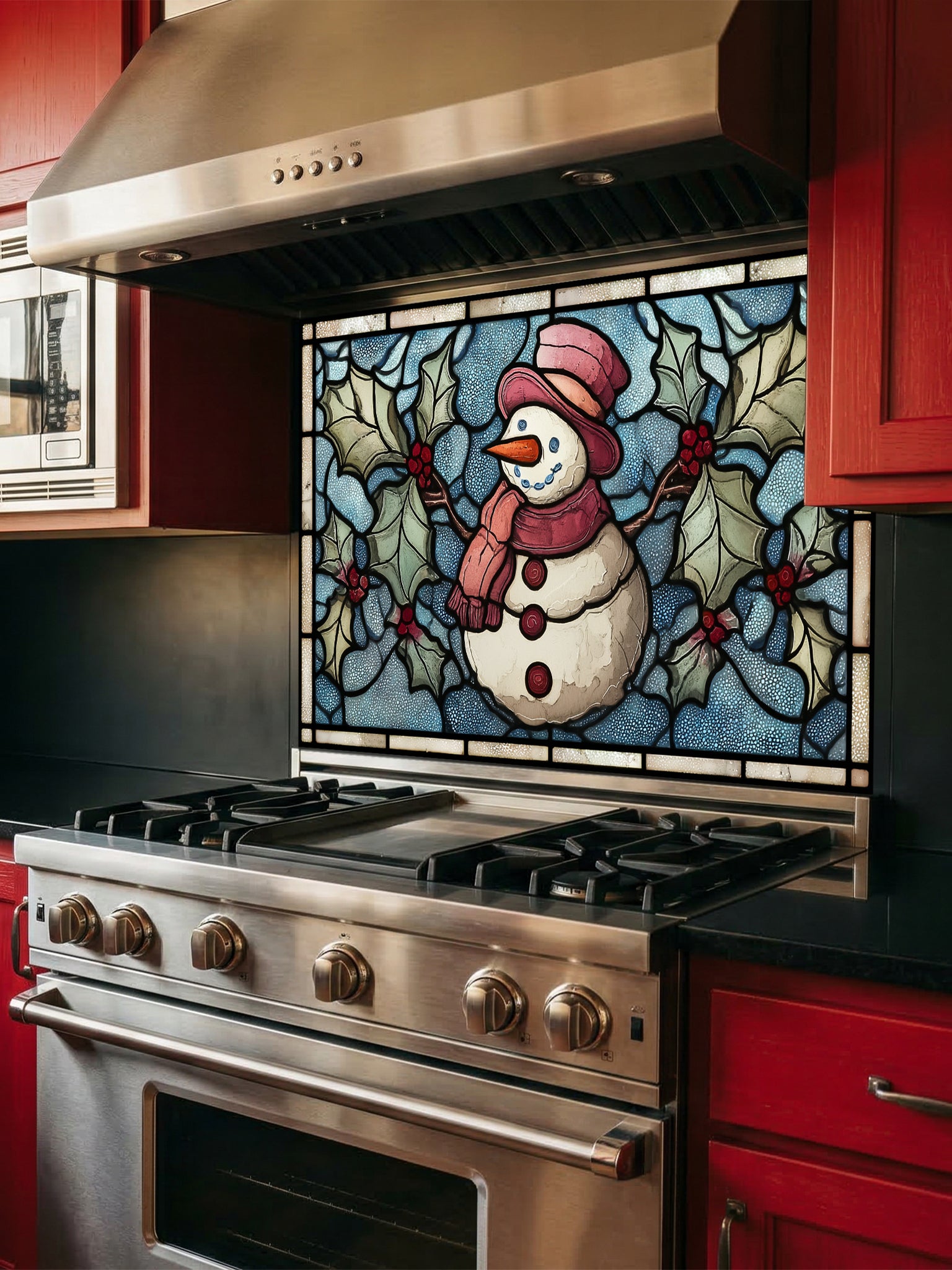 Tempered glass kitchen backsplash featuring a highly realistic 3D illusion of stained glass art showing a cheerful snowman with a red hat and scarf surrounded by green winter holly and red berries against a frosted icy blue background, installed behind a modern black stove.