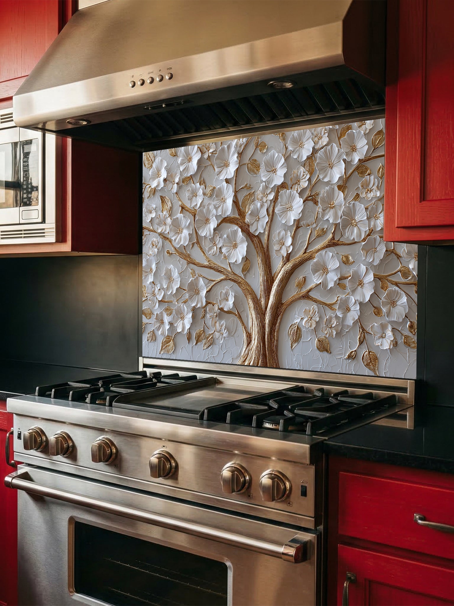 Faux 3D sculpted relief of a floral tree with pearl-white blossoms and heavy molten gold branches on a textured champagne background, UV printed on a smooth tempered glass kitchen backsplash.