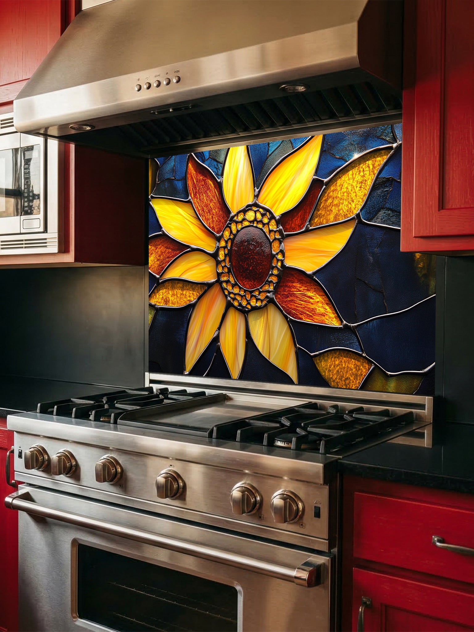 Stained glass style macro sunflower with vibrant yellow petals against a dark blue background, UV printed on a smooth tempered glass kitchen backsplash.