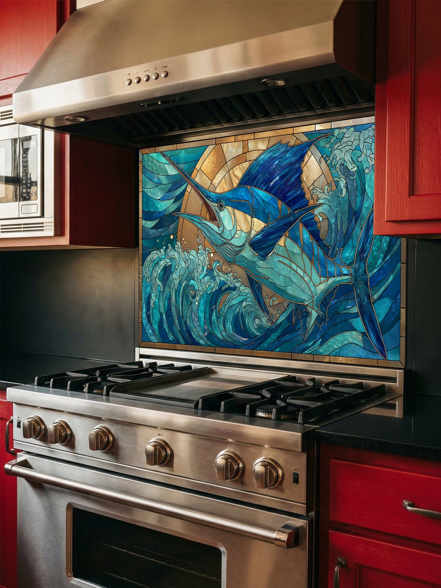Tempered glass kitchen backsplash featuring a vibrant faux stained glass design of a majestic blue marlin leaping out of teal ocean waves against a glowing golden sunburst background, installed behind a modern stainless steel stove.