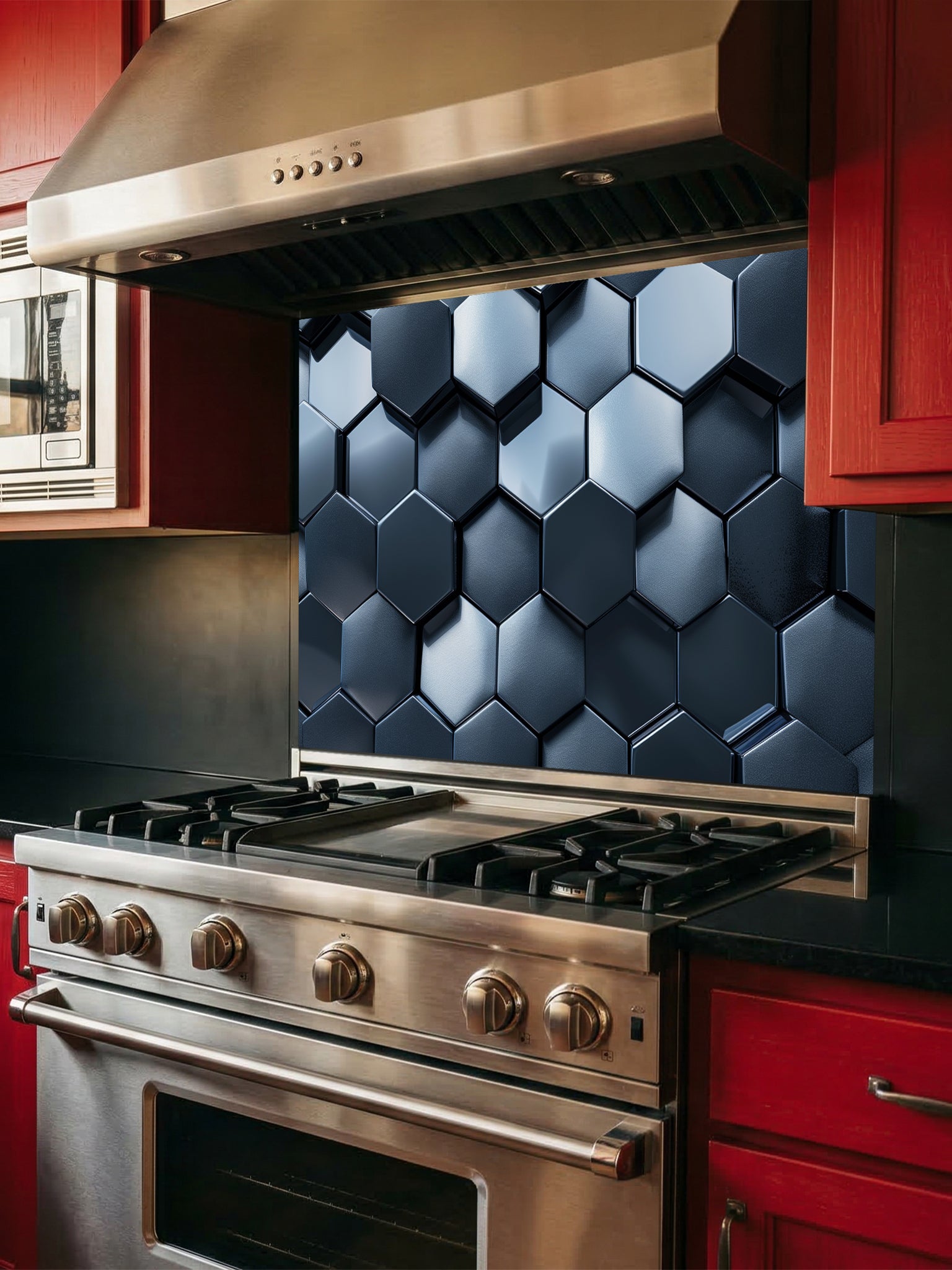 Faux 3D effect dark gunmetal metallic hexagon honeycomb tiles, UV printed on a smooth tempered glass kitchen backsplash, installed behind a modern stove.