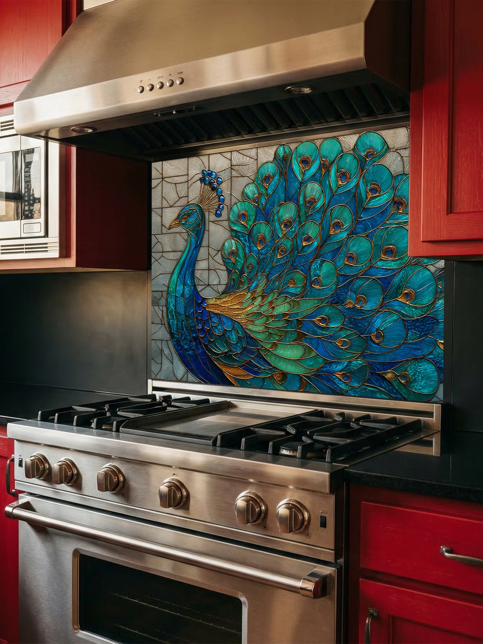 Stained glass style majestic peacock with spread feathers in teal, blue, and gold, UV printed on a smooth tempered glass kitchen backsplash, installed behind a modern stove.