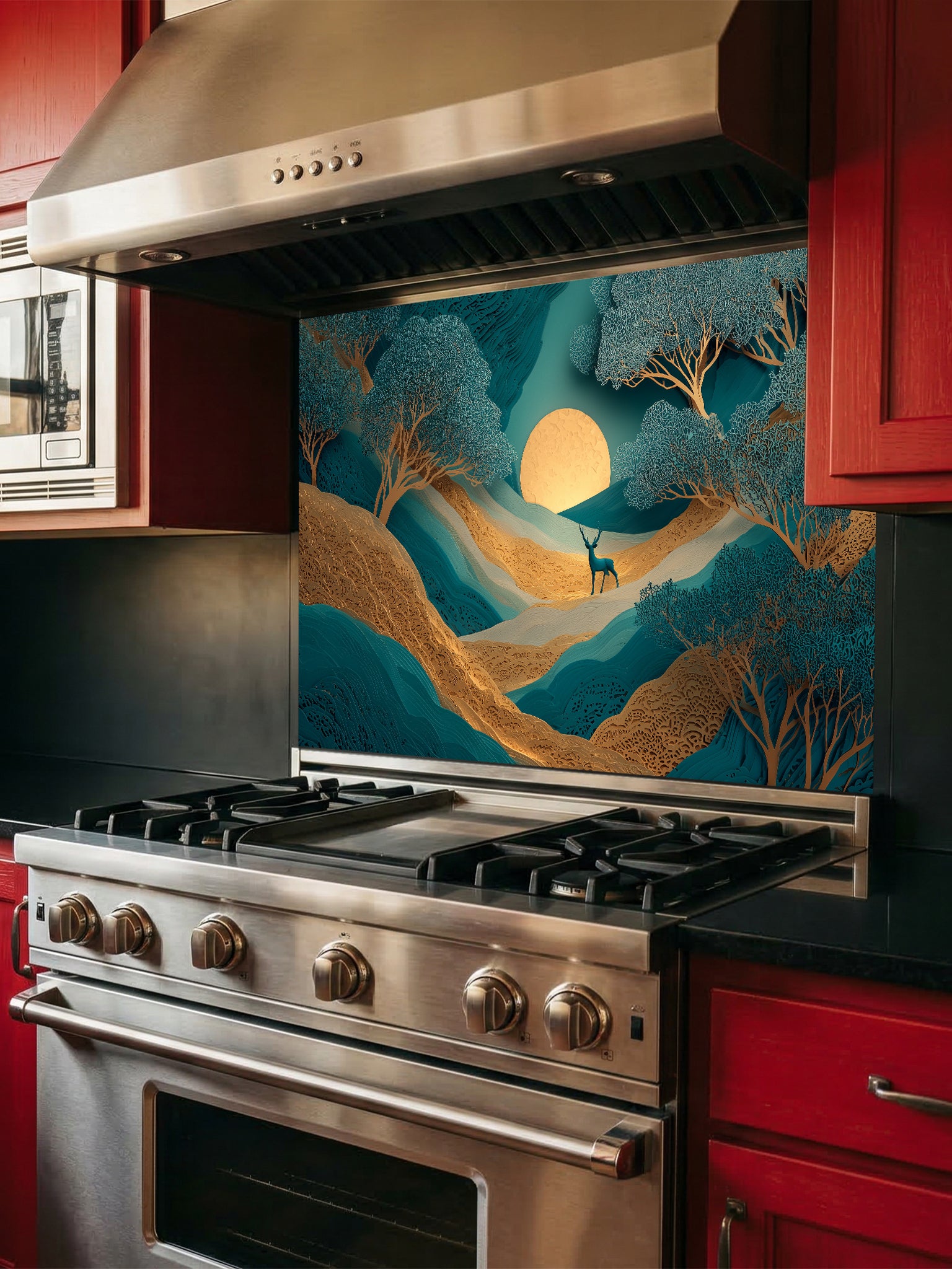 Faux 3D layered paper art of a mystical teal and gold forest with a deer and glowing moon, UV printed on a smooth tempered glass kitchen backsplash, installed behind a modern stove.