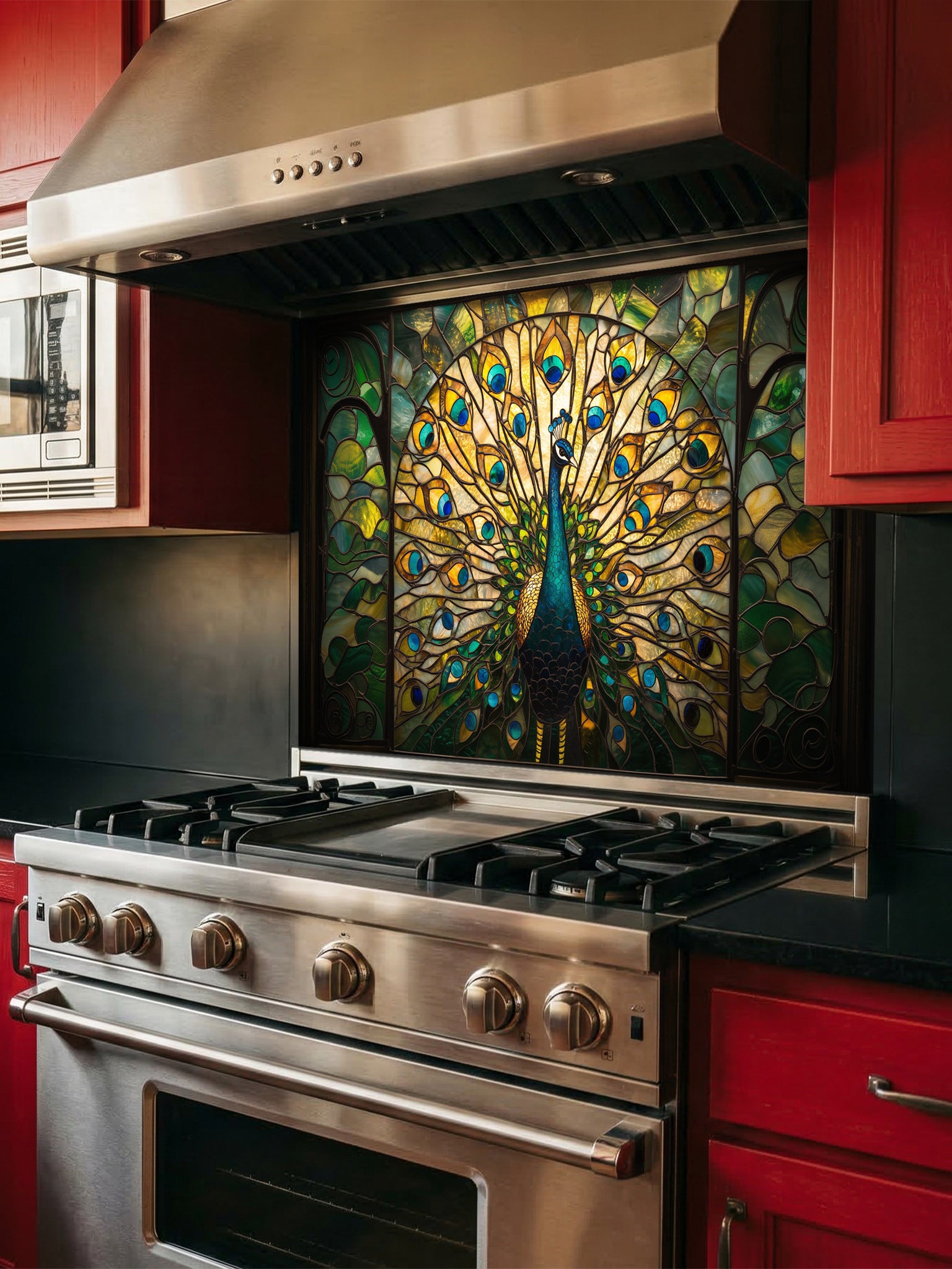 Tempered glass kitchen backsplash featuring a highly realistic 3D illusion of stained glass art showing a majestic peacock with fully spread tail feathers in vibrant emerald greens, blues, and gold, installed behind a modern stainless steel stove.
