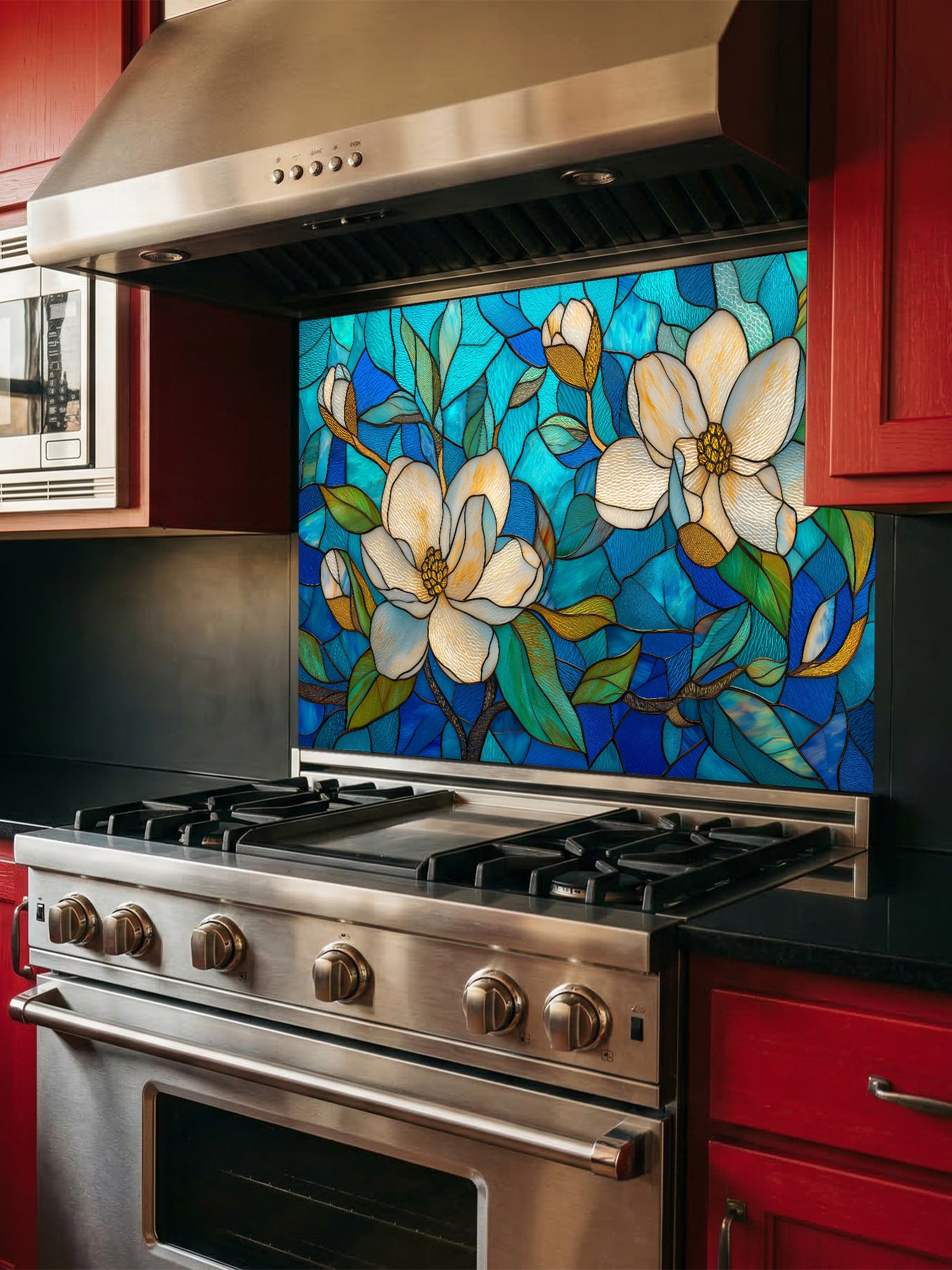 Stained glass style floral pattern featuring large white magnolia blossoms and green leaves against a vibrant blue and turquoise background, UV printed on a smooth tempered glass kitchen backsplash.
