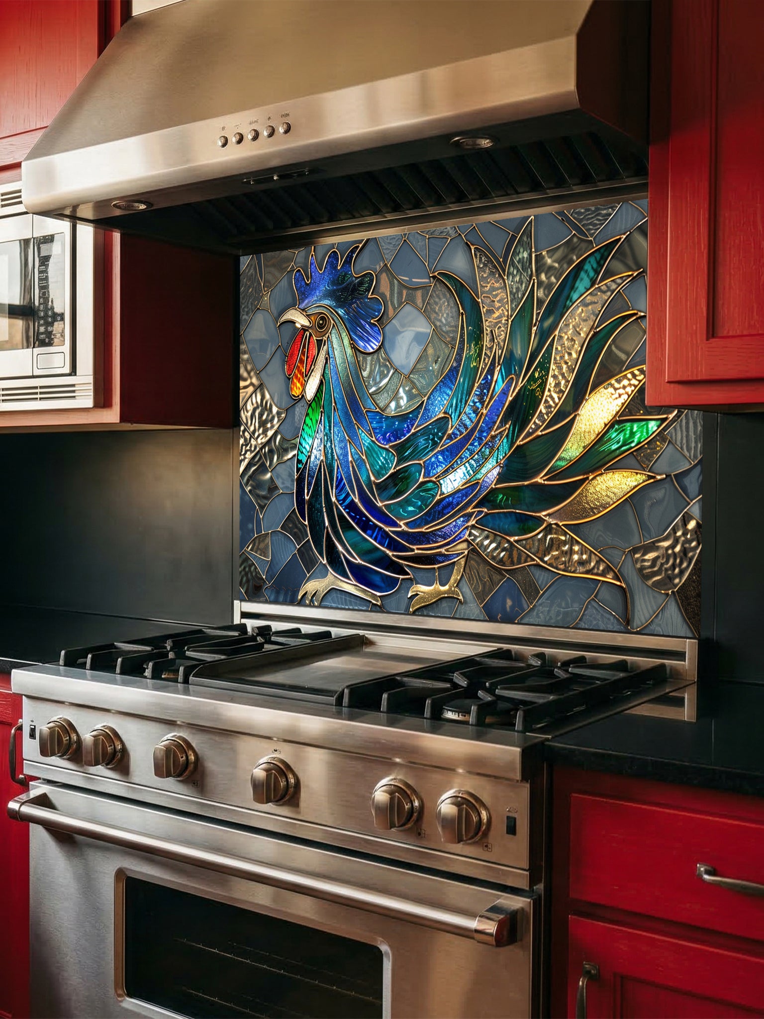 Faux stained glass pattern featuring a vibrant blue, green, and gold rooster against a grey mosaic background, UV printed on a smooth tempered glass kitchen backsplash.