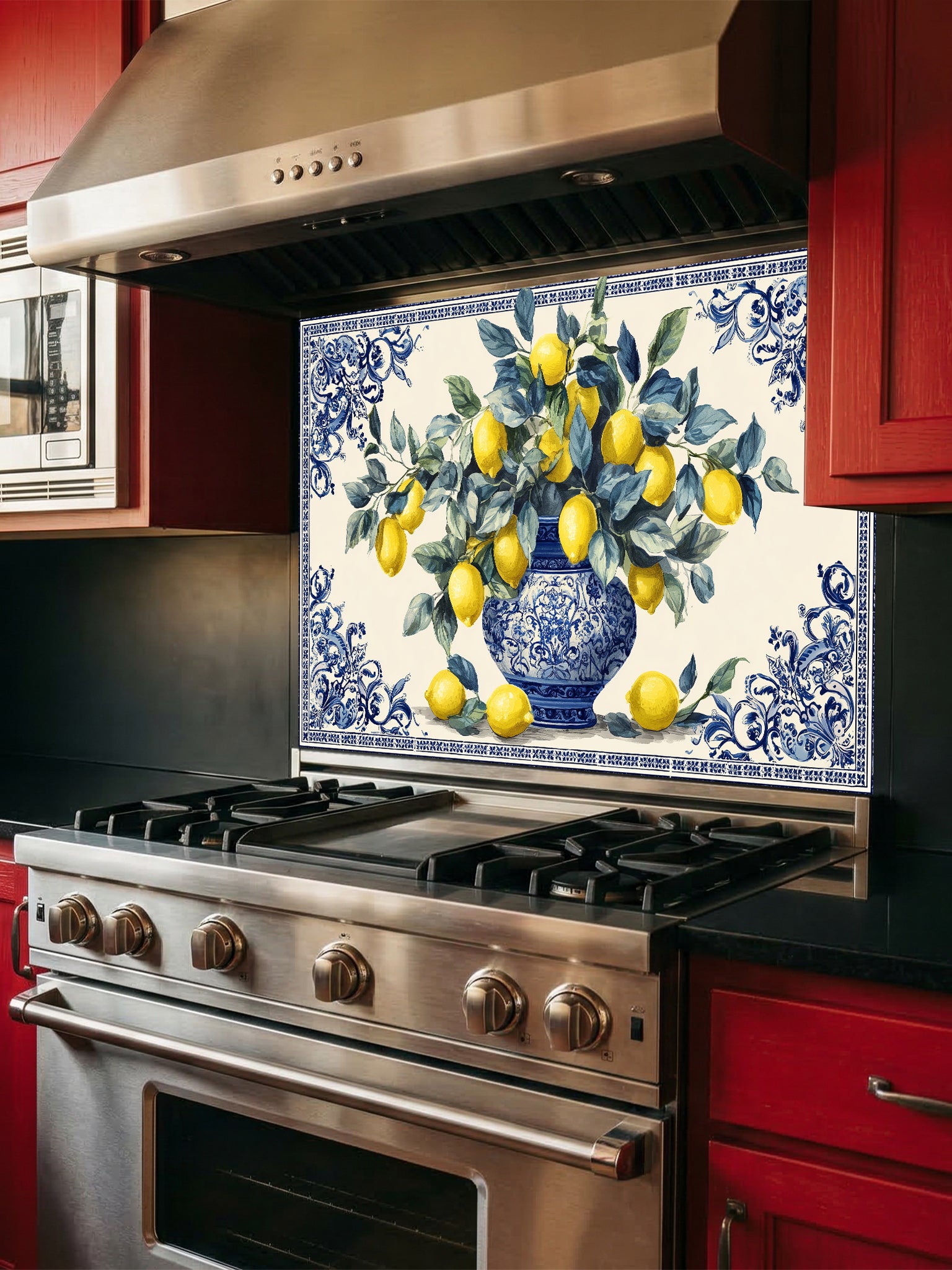 Stainless steel stove with decorative glass backsplash featuring lemons and a vase on a kitchen wall.