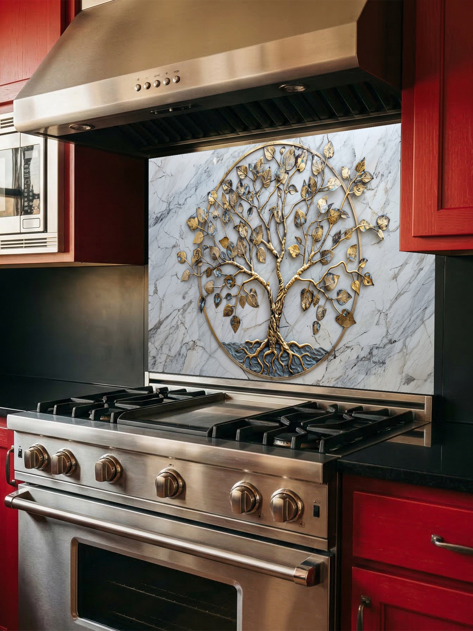 Faux 3D effect gold metal Tree of Life sculpture on an elegant white marble background, UV printed on a smooth tempered glass kitchen backsplash, installed behind a modern stove.