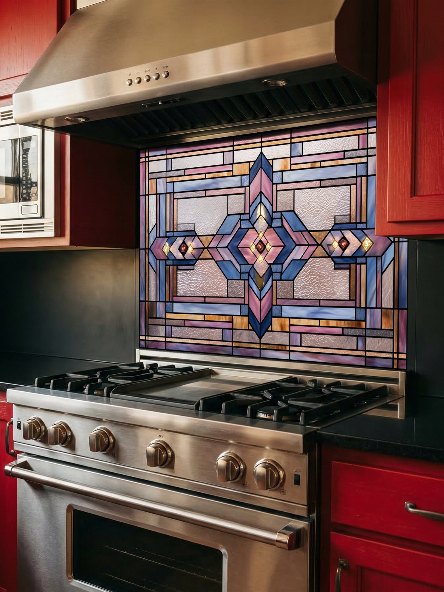 Tempered glass kitchen backsplash featuring a highly realistic 3D illusion of architectural Prairie-style stained glass, showing a symmetrical geometric pattern with diamonds and intersecting lines in dusty rose, lavender, soft blue, and amber, installed behind a modern black stove.