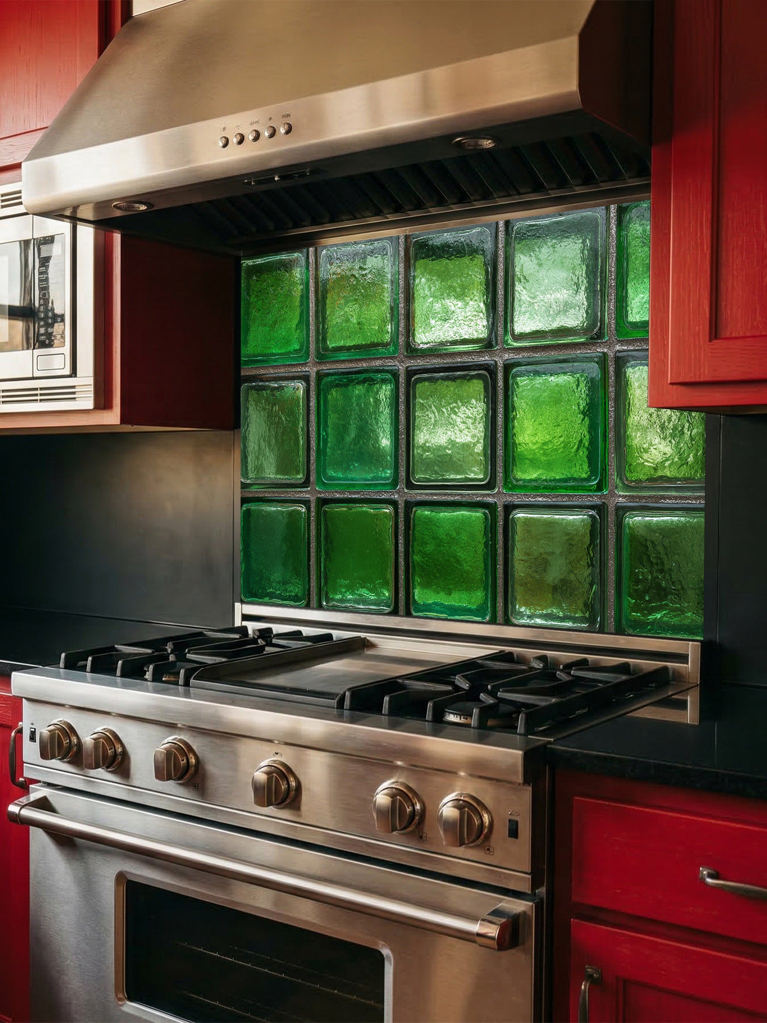 Faux green glass block 3D effect UV printed on a smooth tempered glass kitchen backsplash, installed behind a modern stove.