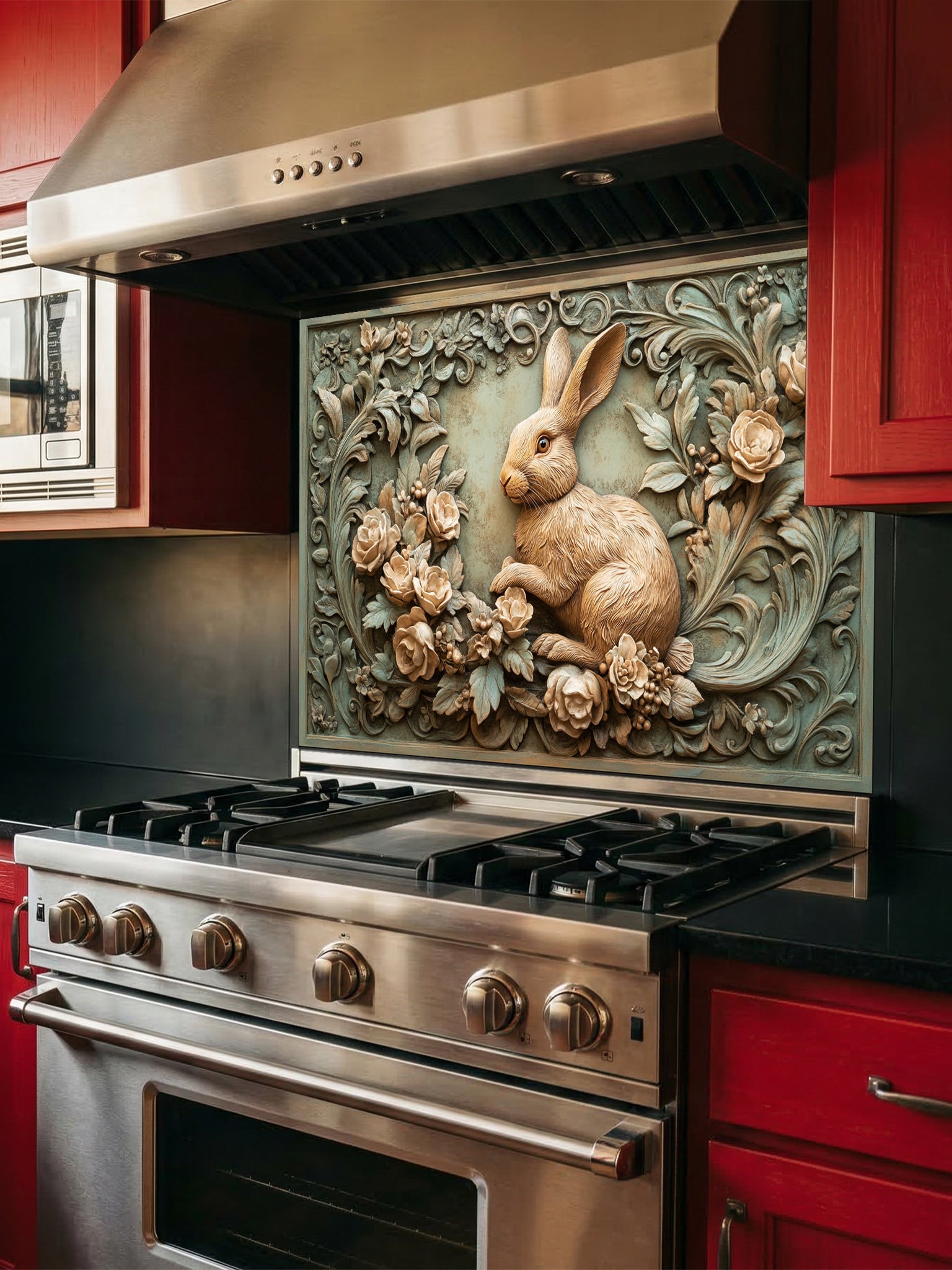 Tempered glass kitchen backsplash featuring a highly realistic 3D illusion of an antique carved bas-relief sculpture showing a gentle woodland rabbit surrounded by blooming roses and ornate foliage in warm earthy tones and a vintage greenish patina, installed behind a modern black stove.