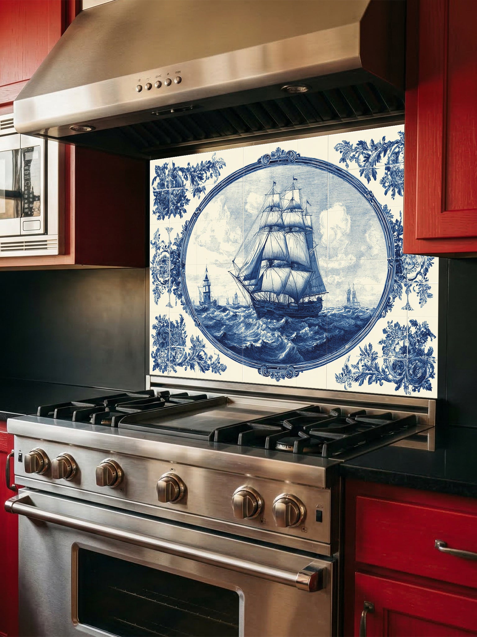 Faux blue and white Portuguese Azulejo tile mural featuring a classic sailing ship on the ocean, UV printed on a smooth tempered glass kitchen backsplash.