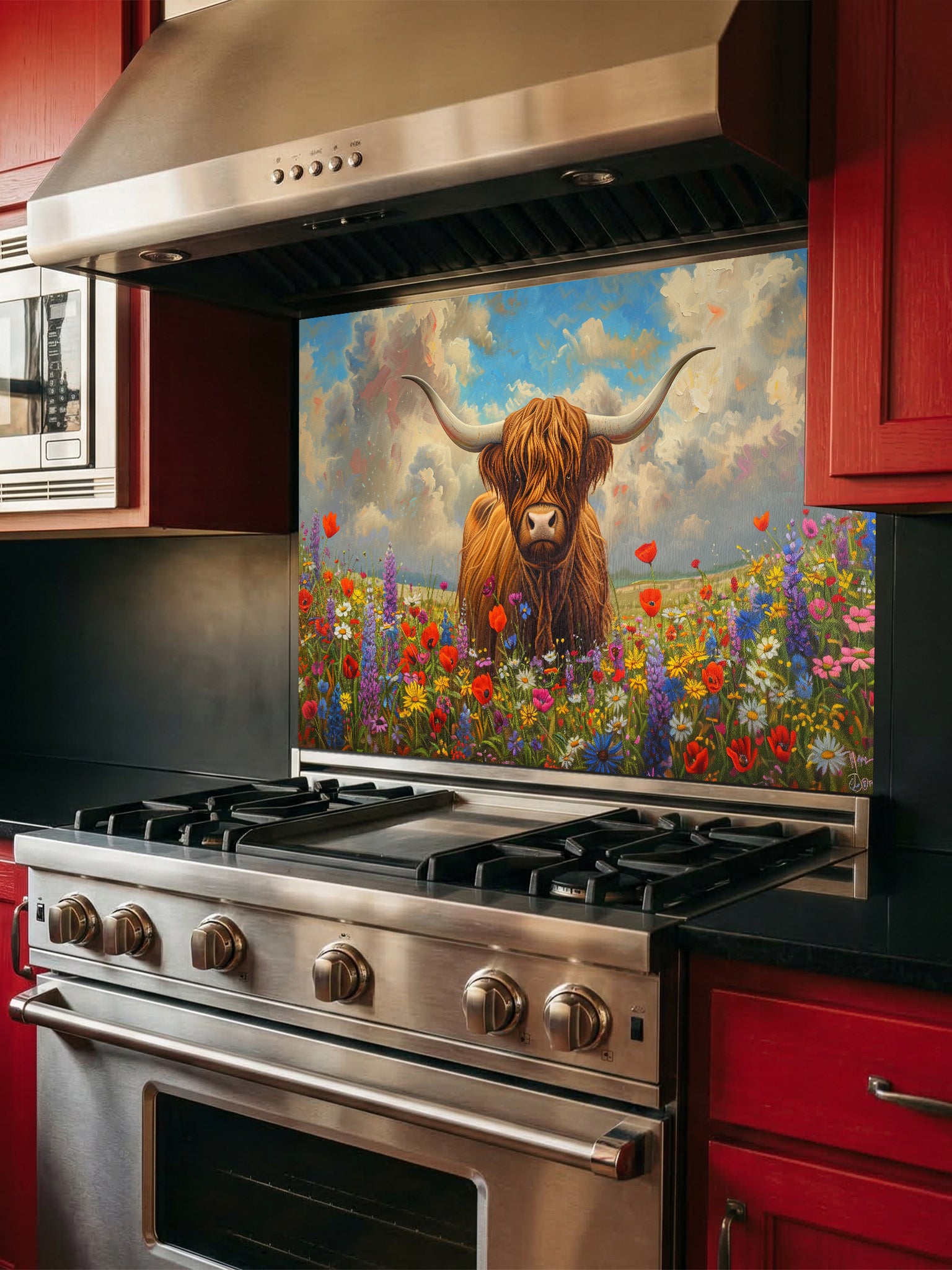 Tempered glass kitchen backsplash featuring a highly realistic 3D illusion of an oil painting showing a majestic brown Highland cow standing in a vibrant meadow of red, purple, and yellow wildflowers under a cloudy sky, installed behind a modern black stove.