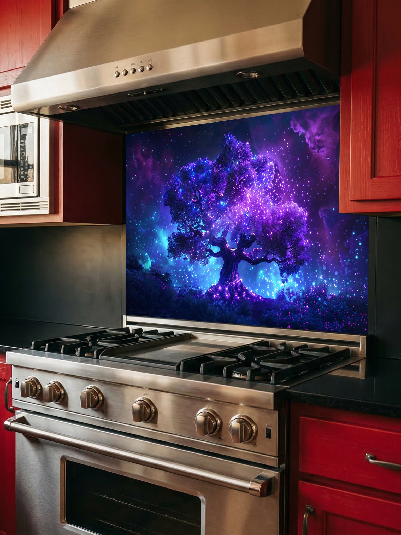Glowing purple and blue cosmic tree of life against a starry nebula galaxy background, UV printed on a smooth tempered glass kitchen backsplash.