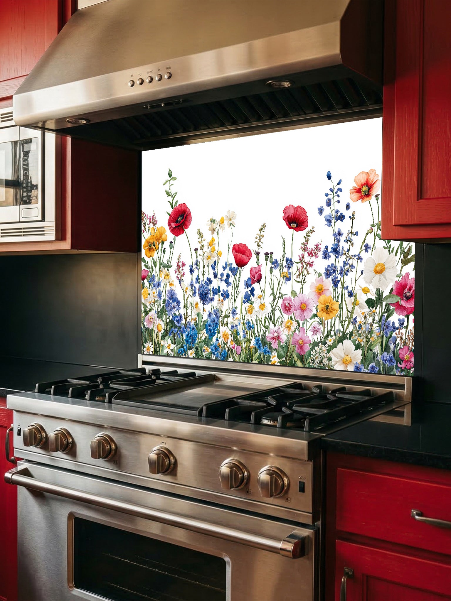 A bright kitchen featuring a tempered glass backsplash with a vibrant botanical illustration of a colorful wildflower meadow on a crisp white background, installed behind a modern stainless steel stove.