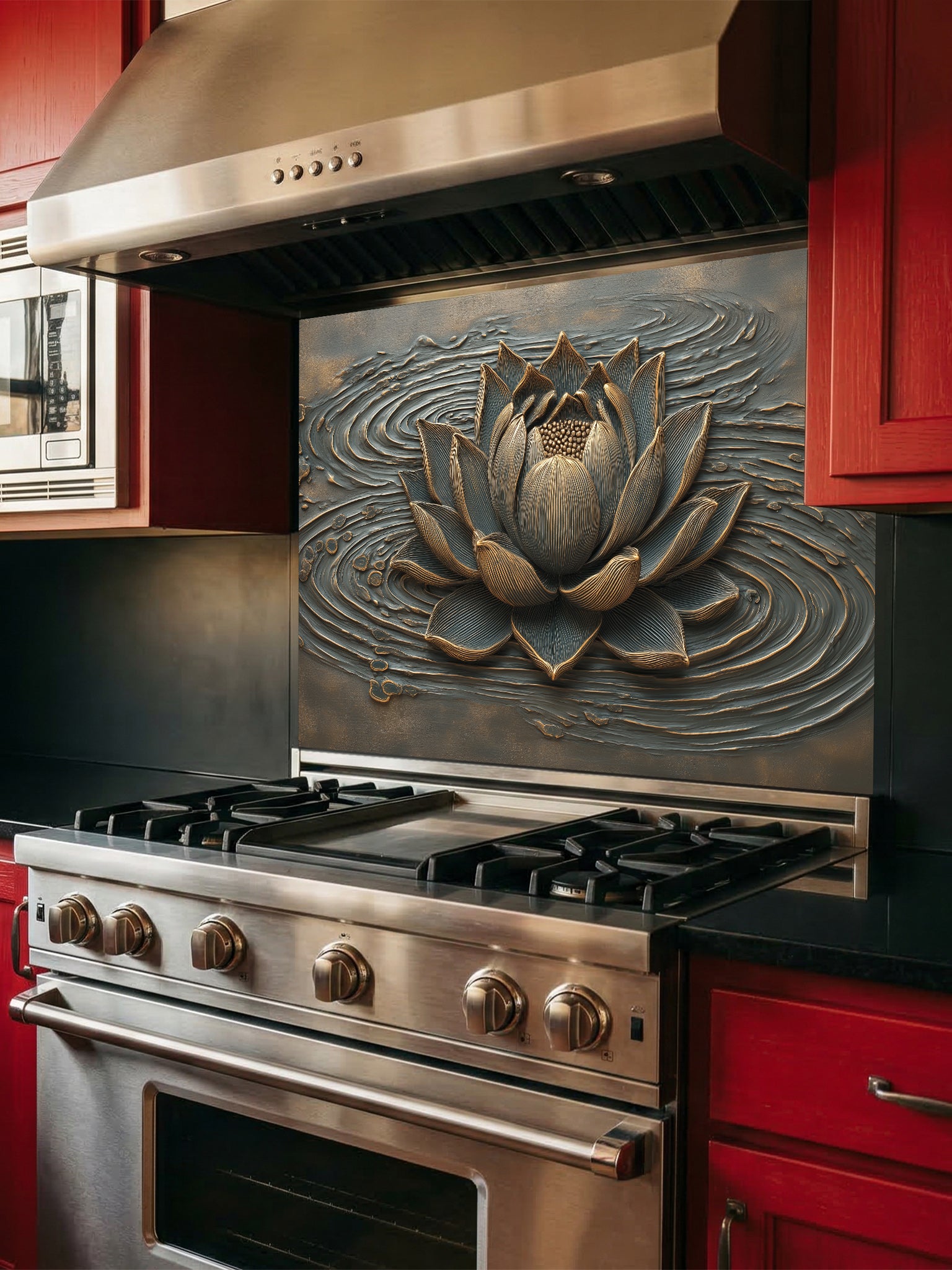 Tempered glass kitchen backsplash featuring a highly realistic 3D illusion of an embossed metallic bronze lotus flower floating on rippling dark grey water, installed behind a modern stainless steel stove.