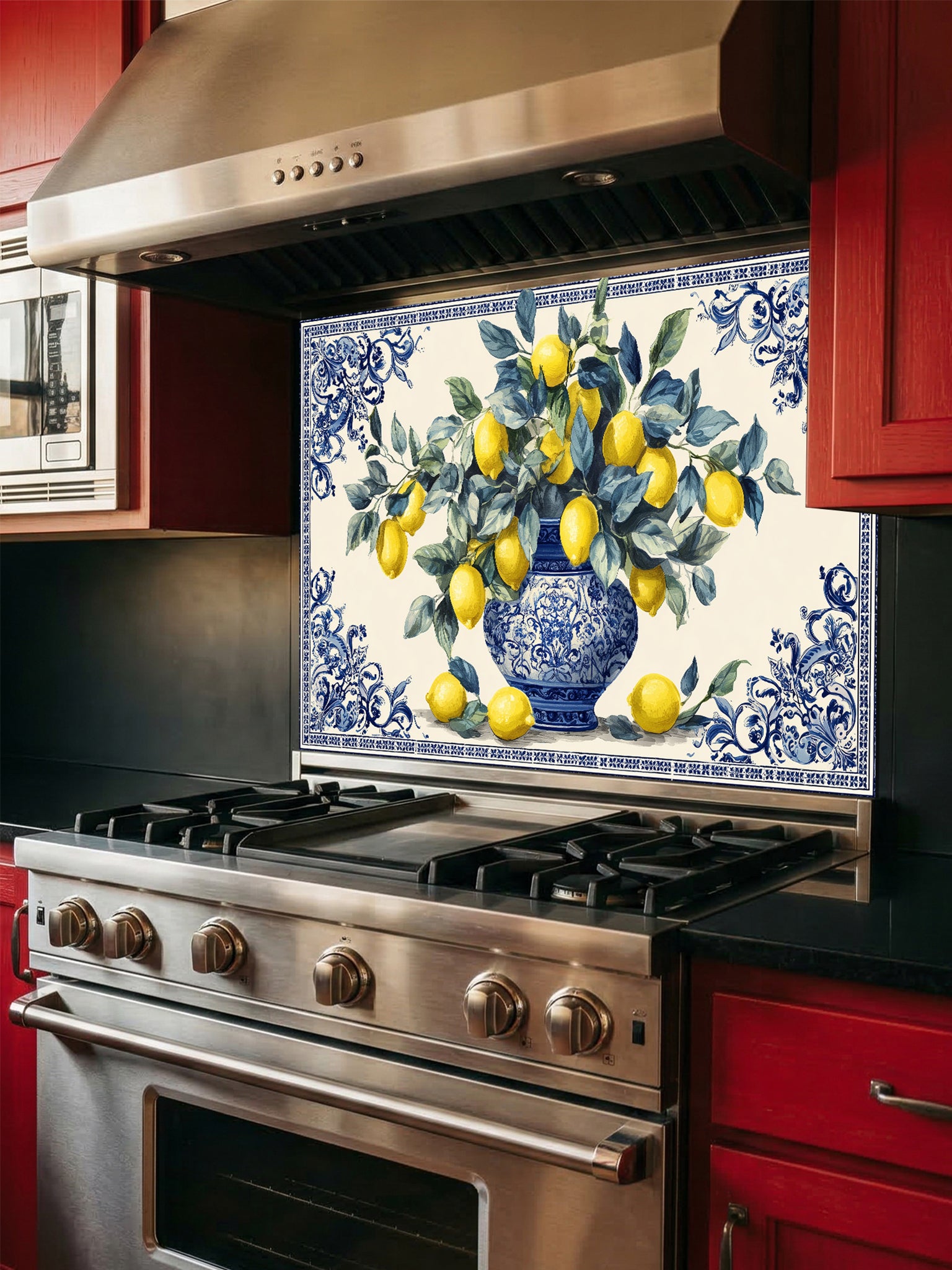 Tempered glass kitchen backsplash featuring a vibrant Mediterranean design with yellow lemons and green leaves in an ornate blue and white porcelain vase, framed by a classic Azulejo-style tile border, installed behind a modern stainless steel stove.