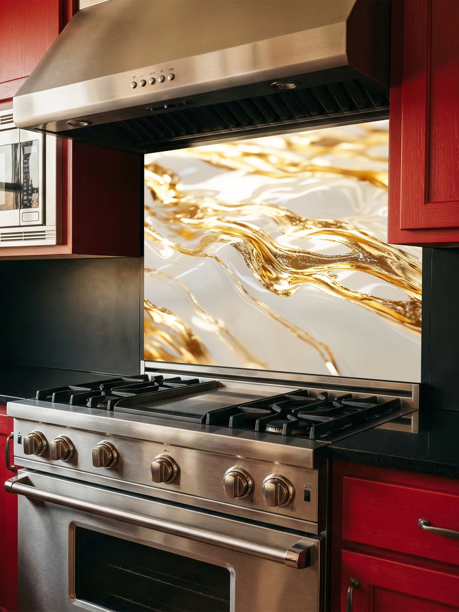 Stainless steel kitchen stove with marble backsplash in a red kitchen.