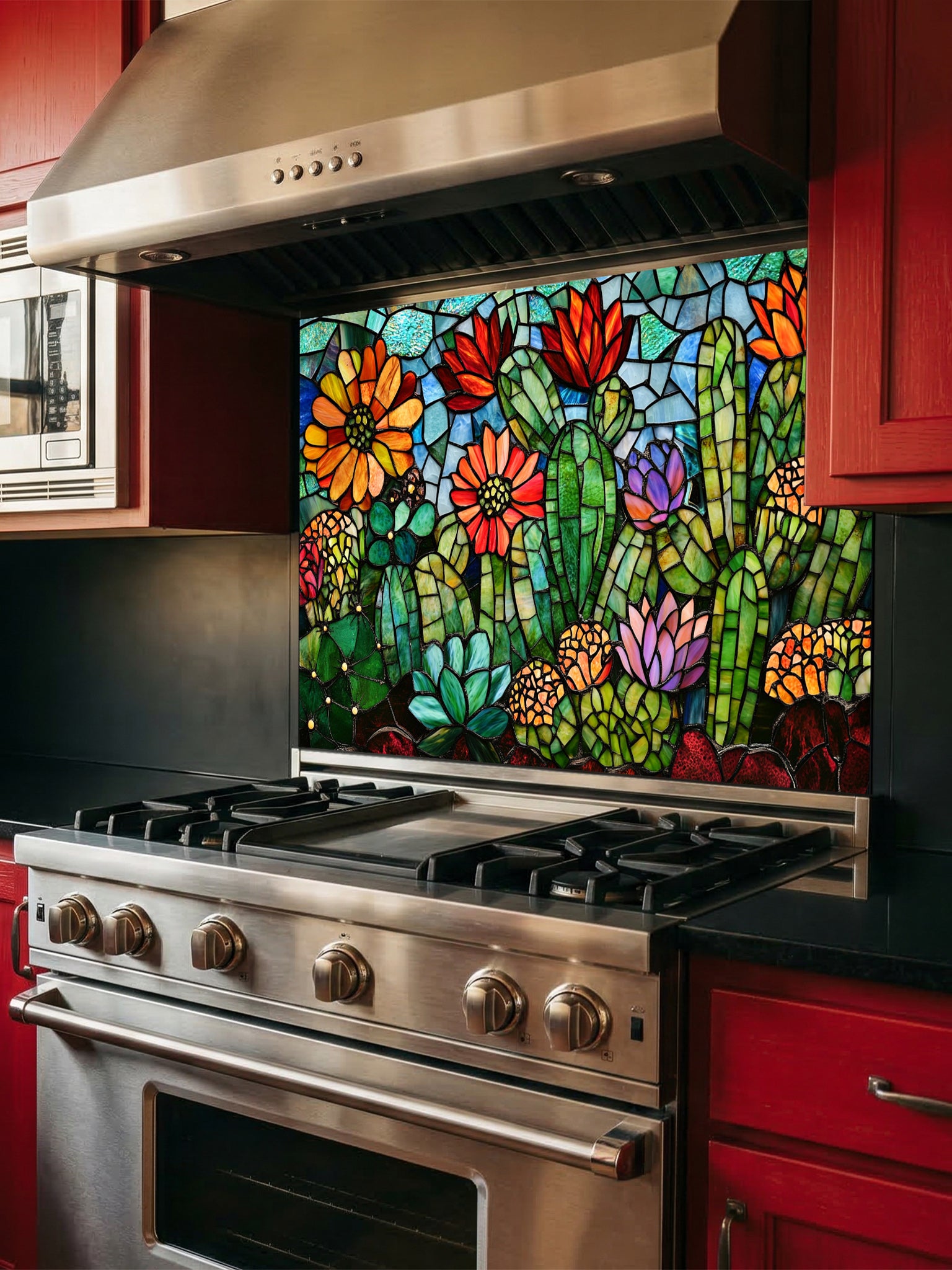 Stained glass style vibrant green cacti with blooming orange, red, and pink flowers in a desert landscape, UV printed on a smooth tempered glass kitchen backsplash, installed behind a modern stove.