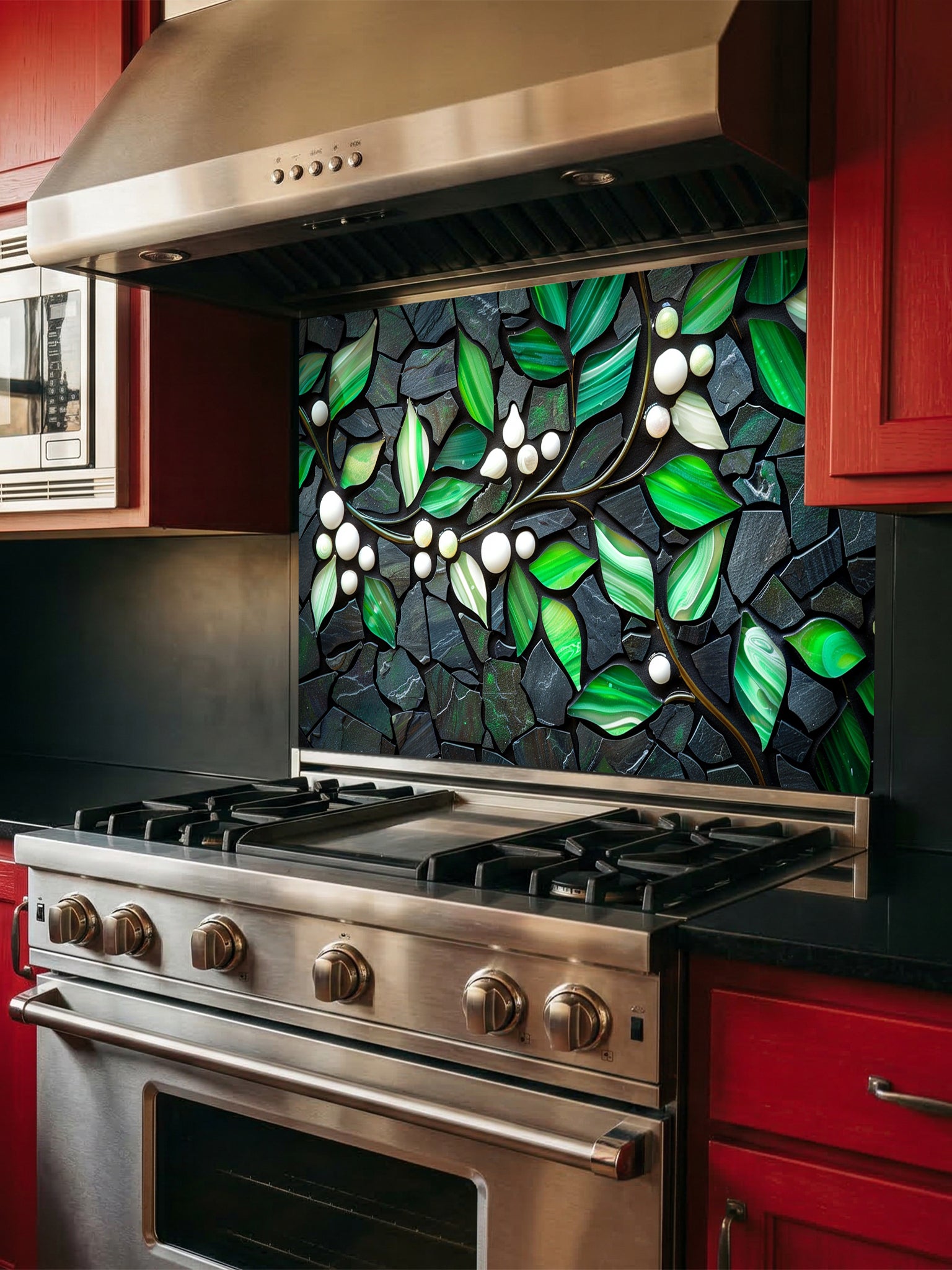 Tempered glass kitchen backsplash featuring a highly realistic 3D illusion of a stone mosaic showcasing vibrant emerald green agate-like leaves and white pearl berries on a glowing golden branch against a dark charcoal stone background, installed behind a modern black stove.