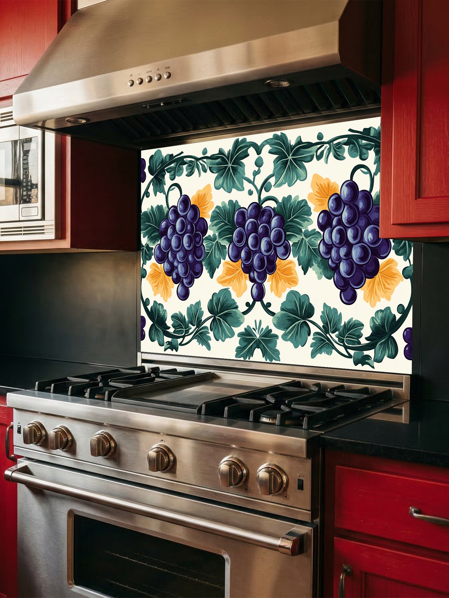 Traditional Mediterranean style faux tile pattern featuring purple grapes, green vine leaves, and yellow accents on a cream background, UV printed on a smooth tempered glass kitchen backsplash.