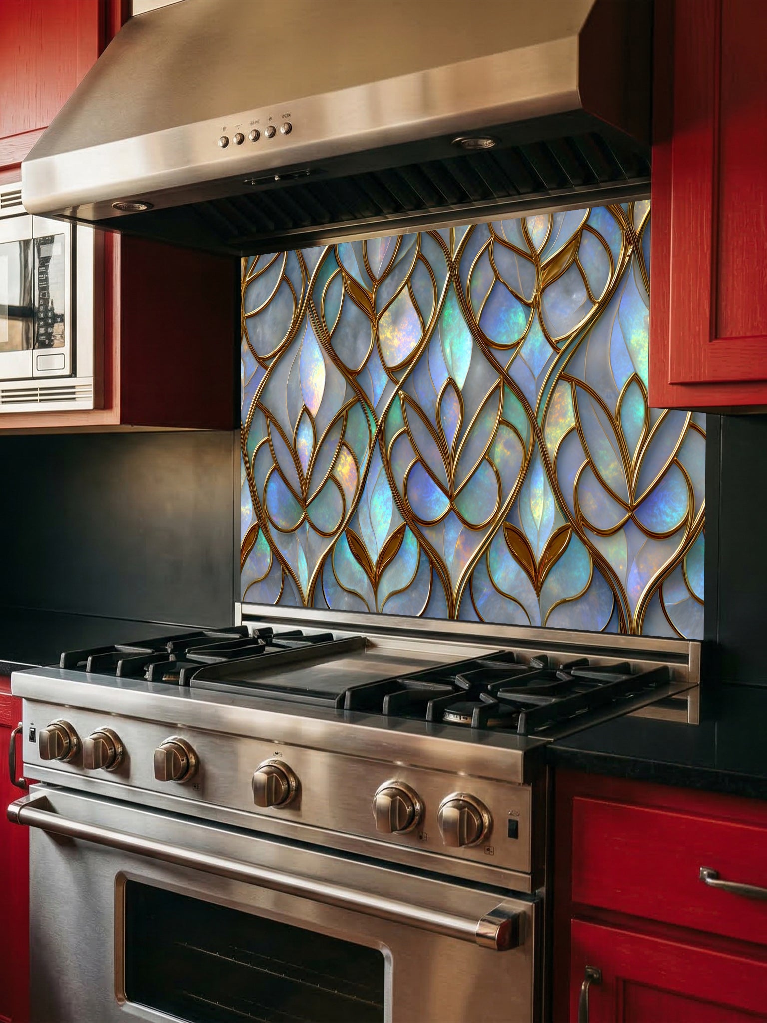 Tempered glass kitchen backsplash featuring a highly realistic 3D illusion of Art Nouveau stained glass showing an elegant repeating leaf pattern with iridescent opal and pearl inlays outlined in rich gold filigree, installed behind a modern stainless steel stove.