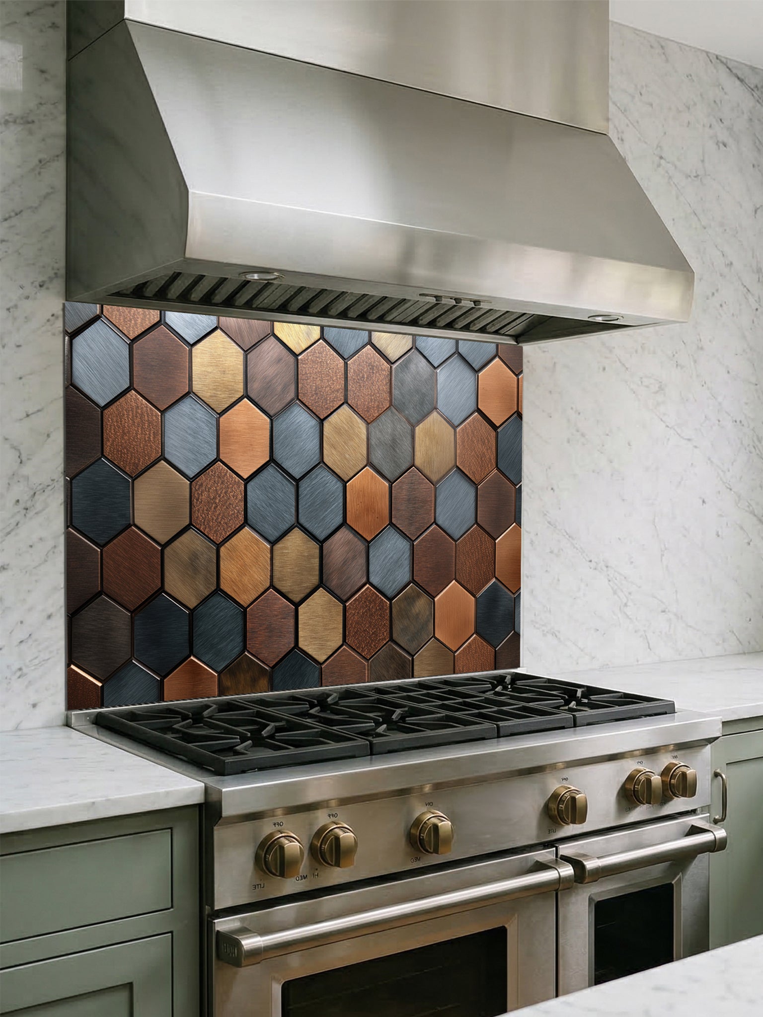 Tempered glass kitchen backsplash featuring a modern metallic hexagon honeycomb pattern in rich copper, bronze, and slate blue tones, installed behind a stainless steel stove.