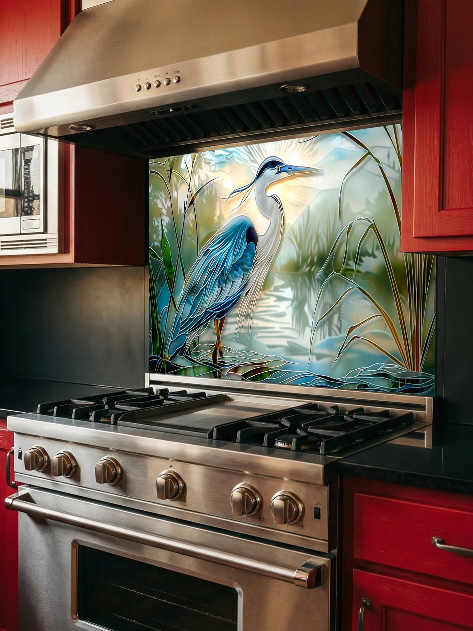 Tempered glass kitchen backsplash featuring a bright faux stained glass design of a majestic blue heron standing in a wetland, with bright sun rays radiating like a halo from behind its head, installed behind a modern stainless steel stove.
