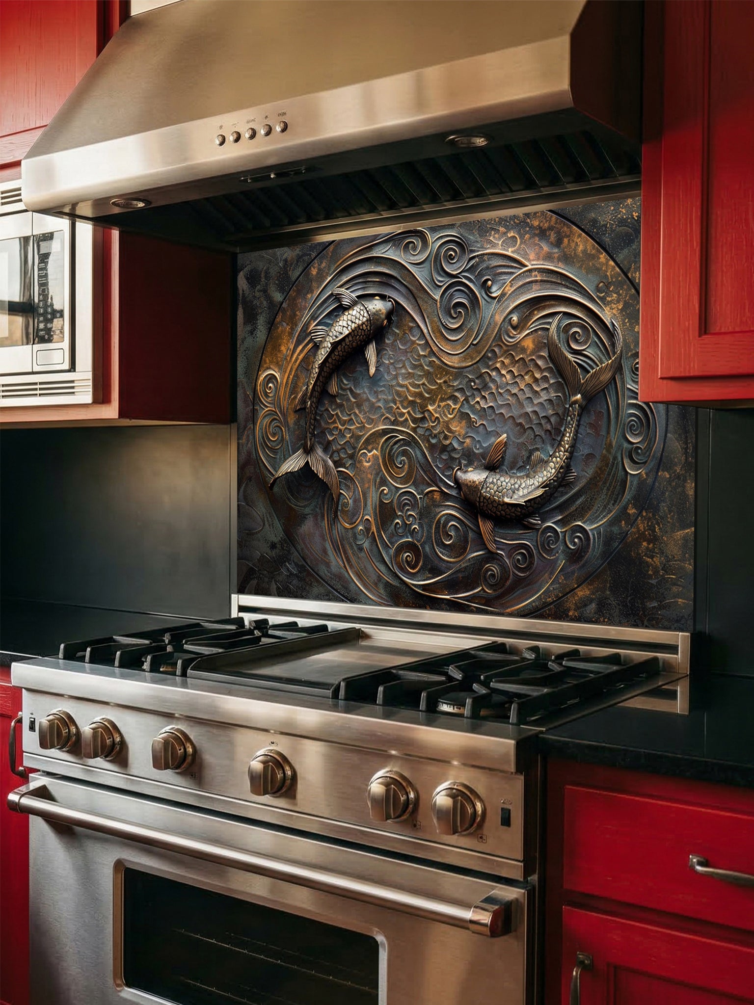 Tempered glass kitchen backsplash featuring a highly realistic 3D faux metal design of two Koi fish swimming in a circular Yin-Yang pattern among swirling waves in antique bronze and dark oxidized tones, installed behind a modern stainless steel stove.