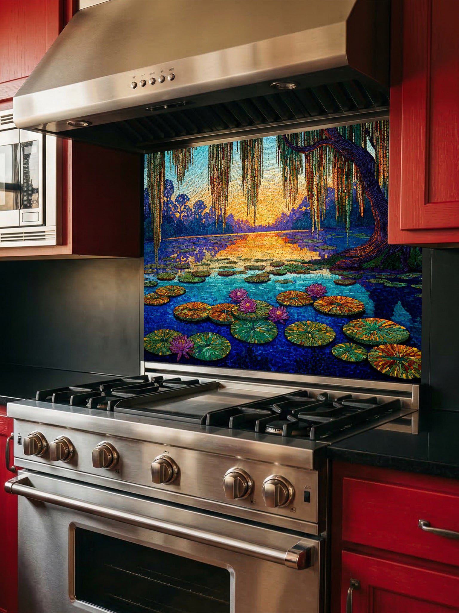 Tempered glass kitchen backsplash featuring a highly realistic 3D illusion of a Pointillist or Impressionist fine art painting, showing a tranquil lake with pink water lilies and a weeping willow at sunset, created with thousands of tiny textured paint dots, installed behind a modern black stove.