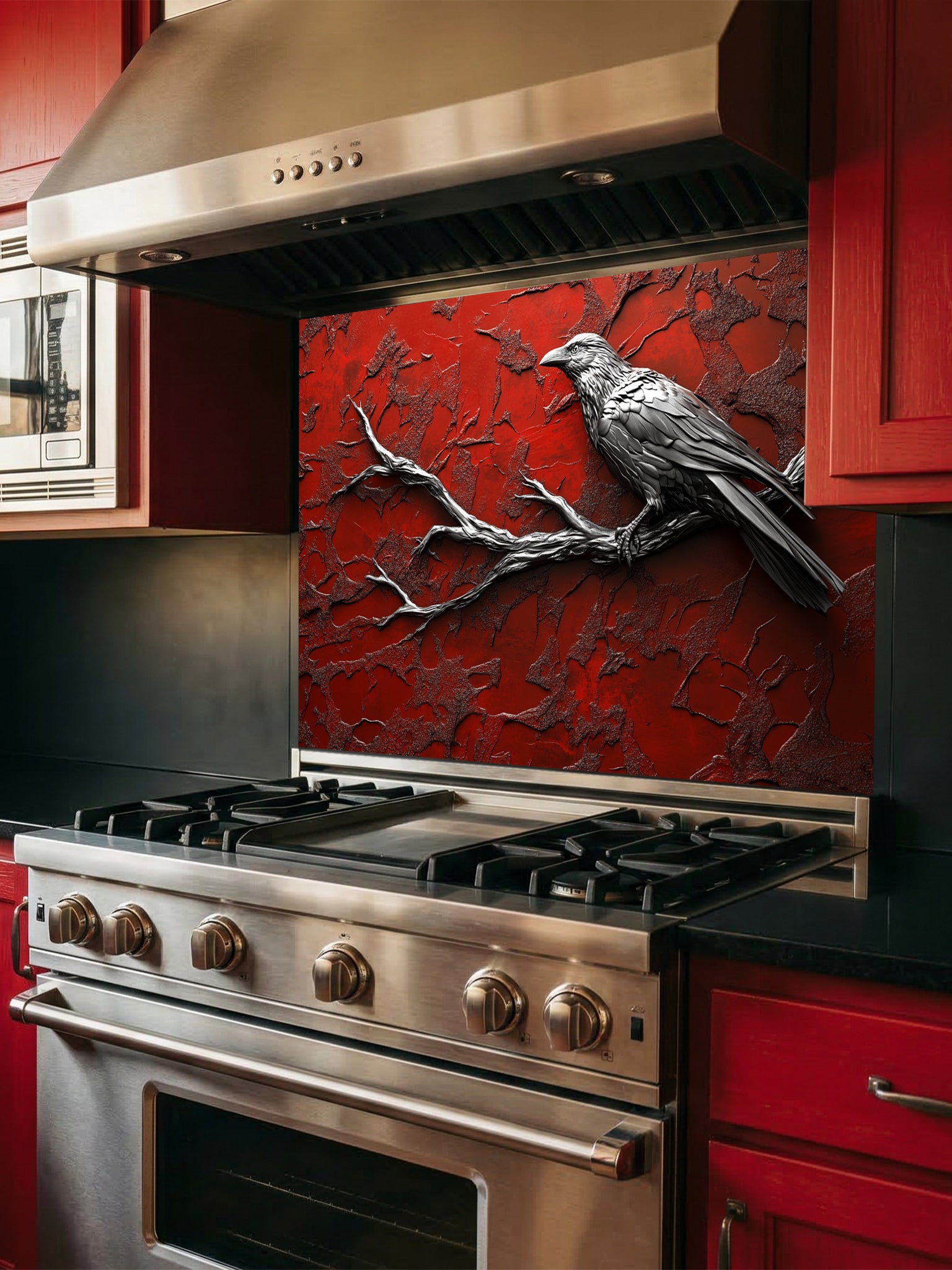 Tempered glass kitchen backsplash featuring a highly realistic 3D illusion of a sculpted metallic black raven perched on a bare branch against a heavily textured, distressed crimson red wall, installed behind a modern black stove.