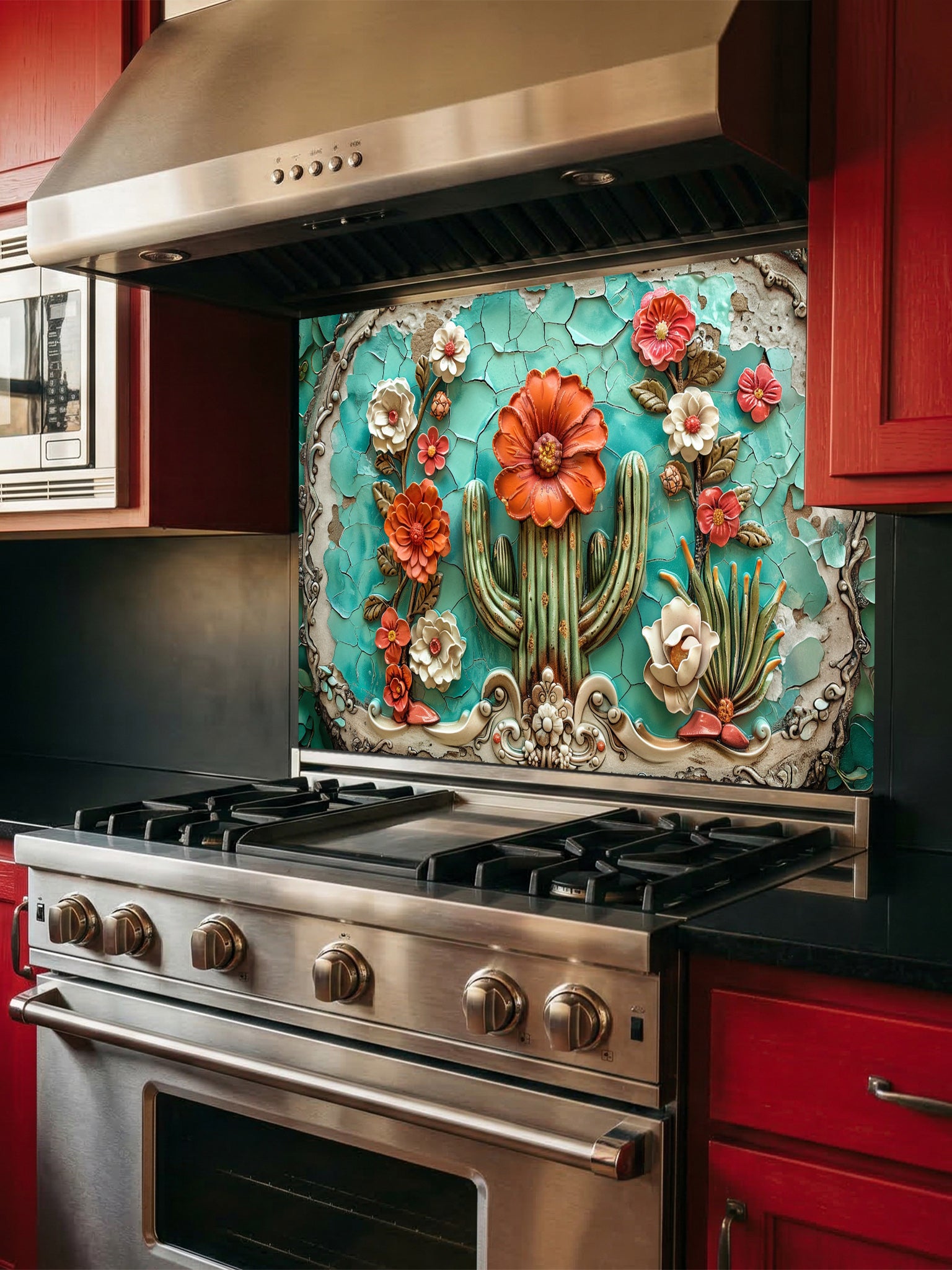 Faux 3D effect embossed blooming cactus with orange flowers on vintage cracked turquoise tiles, UV printed on a smooth tempered glass kitchen backsplash, installed behind a modern stove.