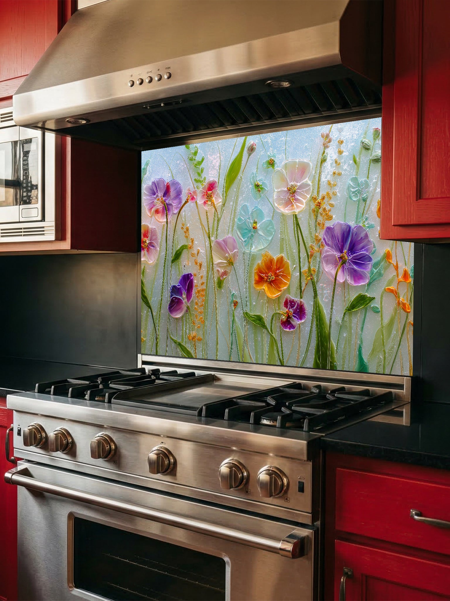 Faux 3D effect glossy glass art wildflowers including pansies in vibrant purple, pink, yellow, and blue, UV printed on a smooth tempered glass kitchen backsplash.