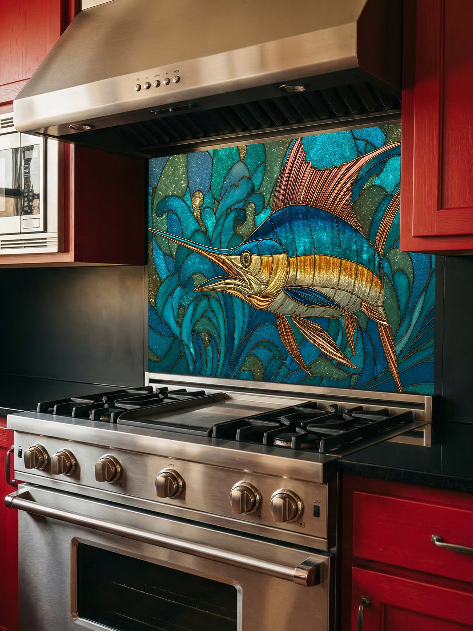 Stained glass style majestic blue marlin swimming through dynamic turquoise ocean waves, UV printed on a smooth tempered glass kitchen backsplash, installed behind a modern stove.