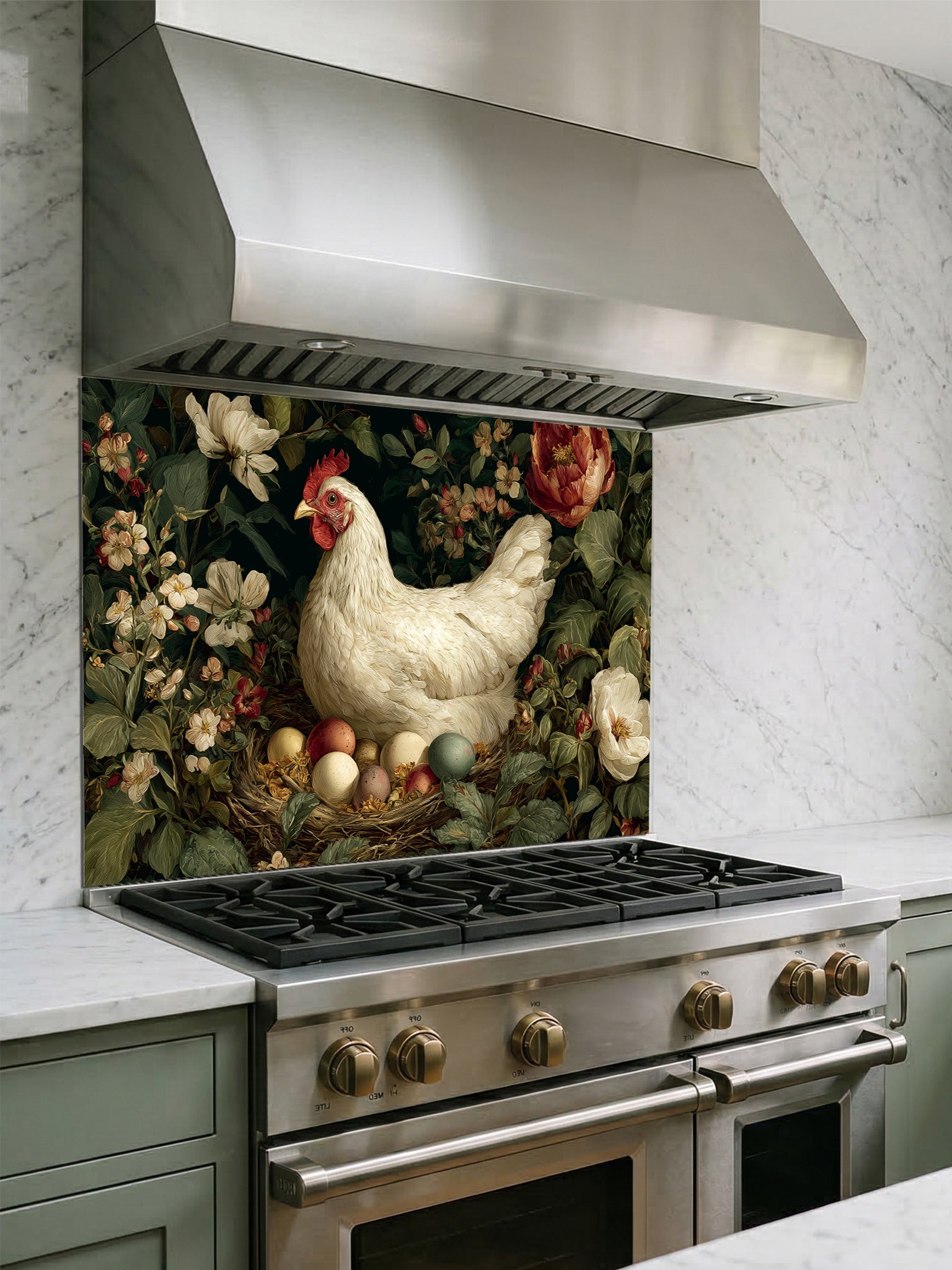 Tempered glass kitchen backsplash featuring a vintage dark moody floral design with a white hen sitting on a nest of colorful eggs, installed behind a modern stainless steel stove.