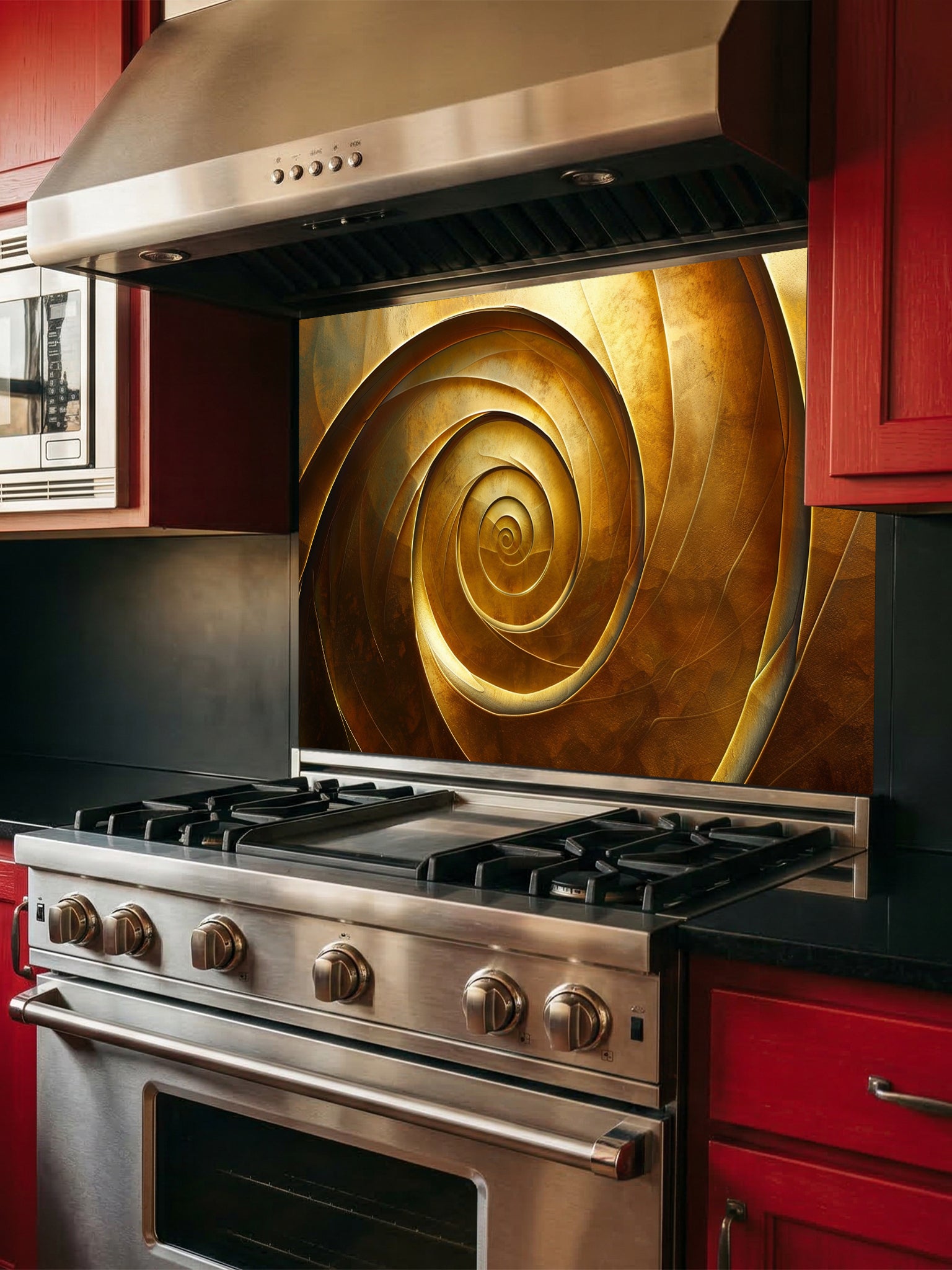 Tempered glass kitchen backsplash featuring a highly realistic 3D illusion of an abstract metallic golden spiral or vortex with deep shadows and glowing bronze highlights, installed behind a modern black stove.
