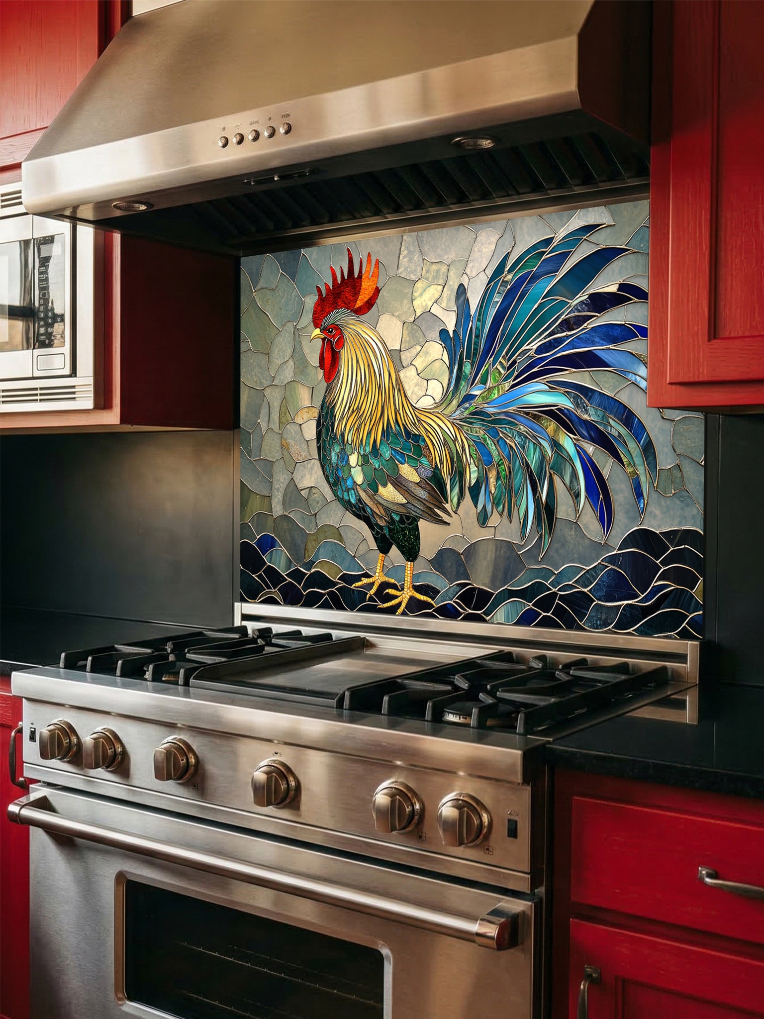 Tempered glass kitchen backsplash featuring a vibrant faux stained glass design of a majestic rooster in rich blues, greens, yellows, and reds, installed behind a modern stainless steel stove.