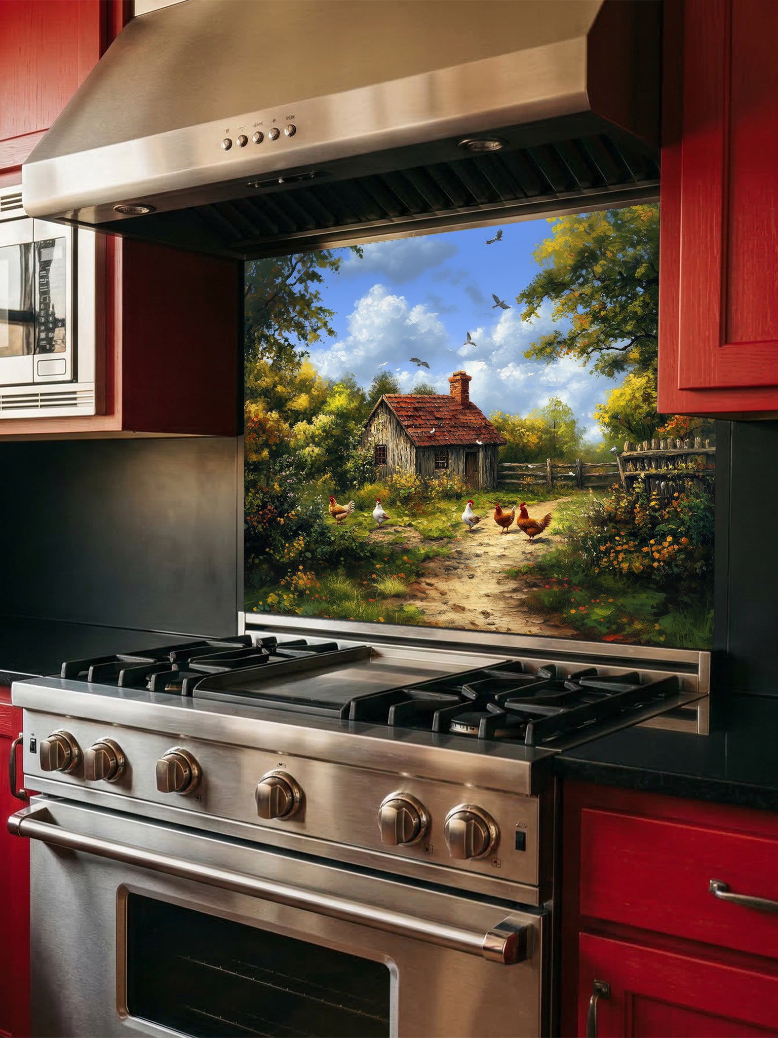 Tempered glass kitchen backsplash featuring a highly realistic illusion of a vintage oil painting showing a rustic farmhouse, lush green trees, and chickens on a dirt path under a blue sky, installed behind a modern stainless steel stove.