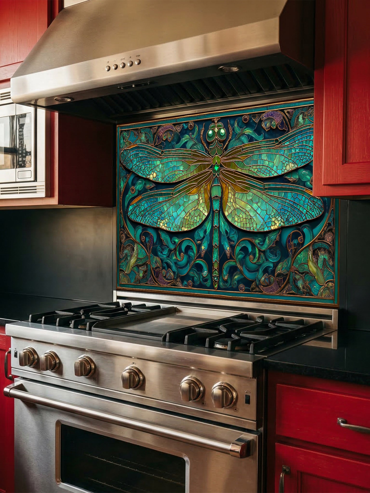 Tempered glass kitchen backsplash featuring a highly realistic 3D illusion of Art Nouveau stained glass showing a magnificent dragonfly with intricate teal and emerald green wings outlined in gold, surrounded by botanical swirls, installed behind a modern stainless steel stove.