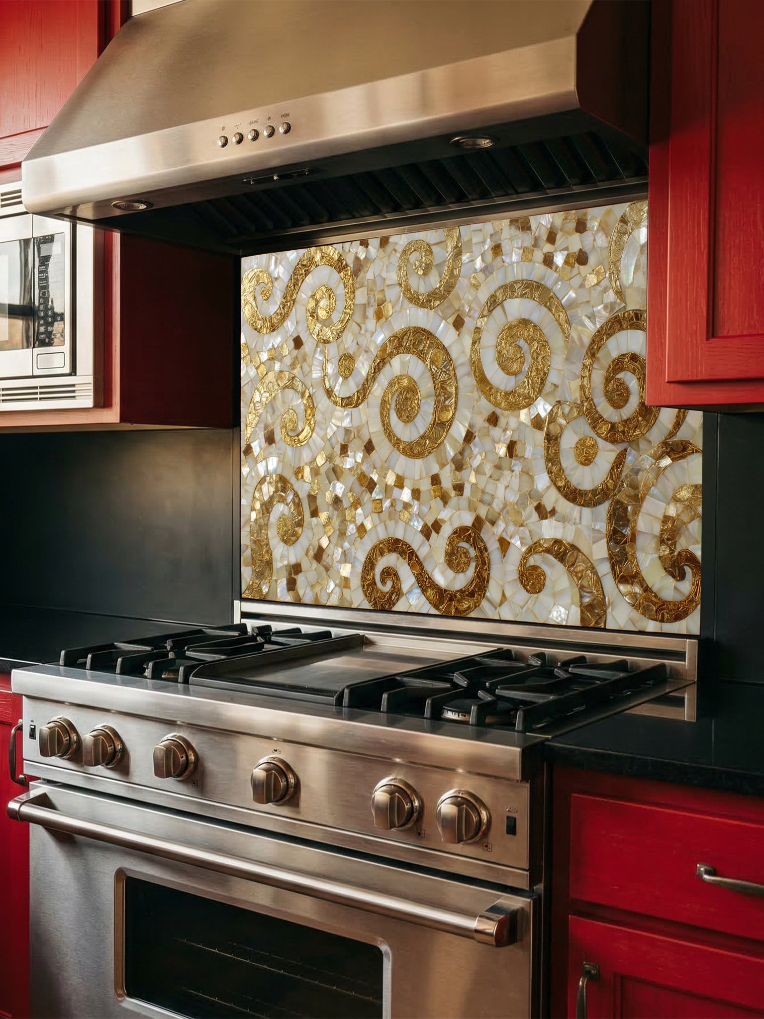 Faux 3D mosaic tile pattern featuring elegant gold swirls on an iridescent mother-of-pearl background, UV printed on a smooth tempered glass kitchen backsplash.