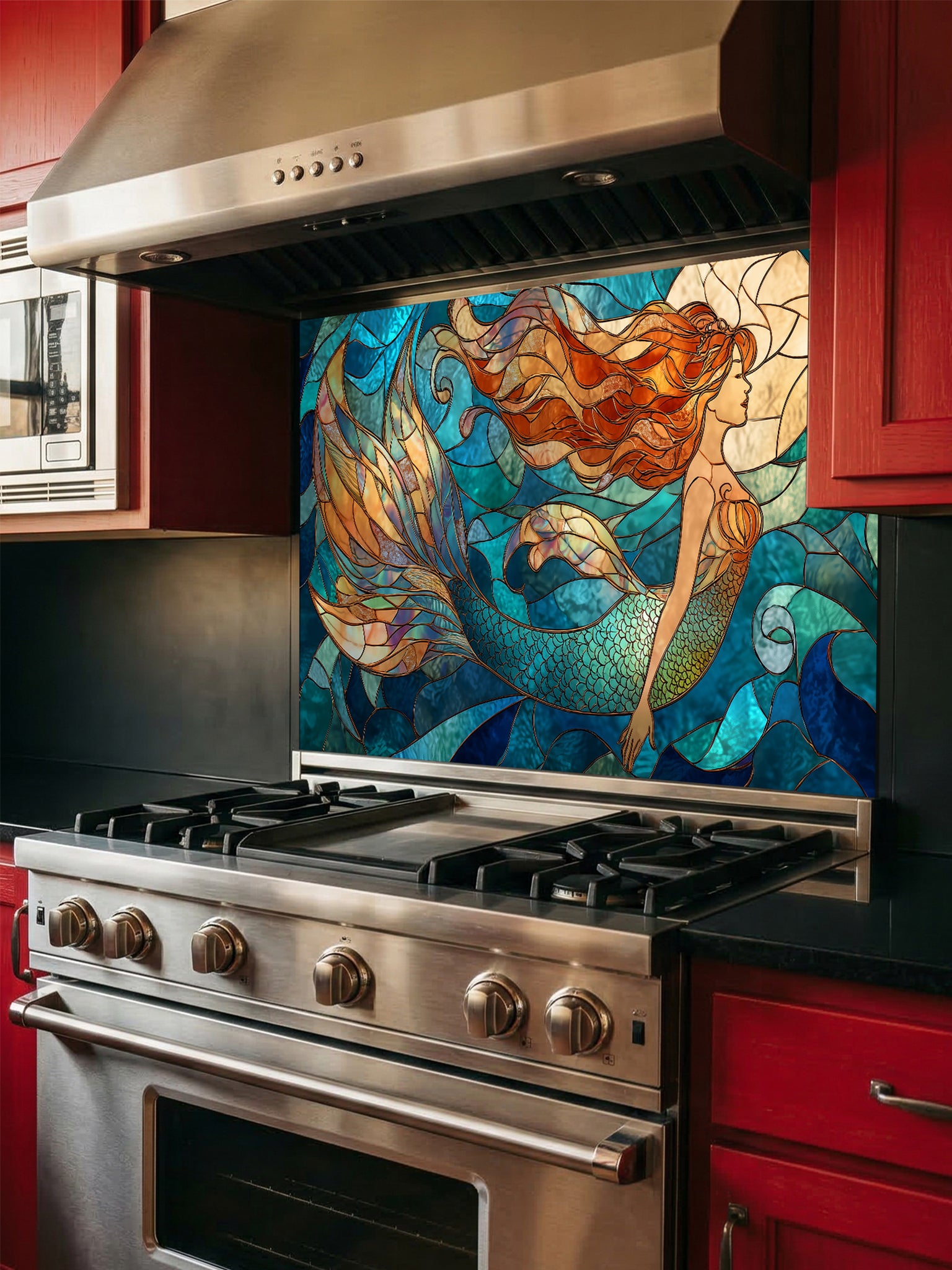 Tempered glass kitchen backsplash featuring a vibrant faux stained glass design of a graceful mermaid with flowing hair swimming in a blue ocean under a glowing moon, installed behind a modern stainless steel stove.